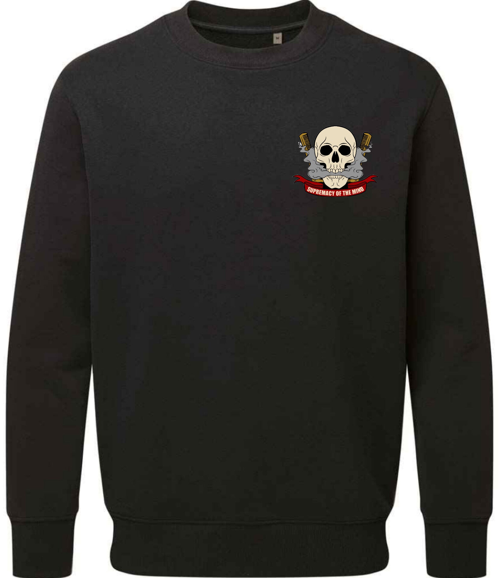 Supremacy of the mind crewneck sweater with combs emblem in black