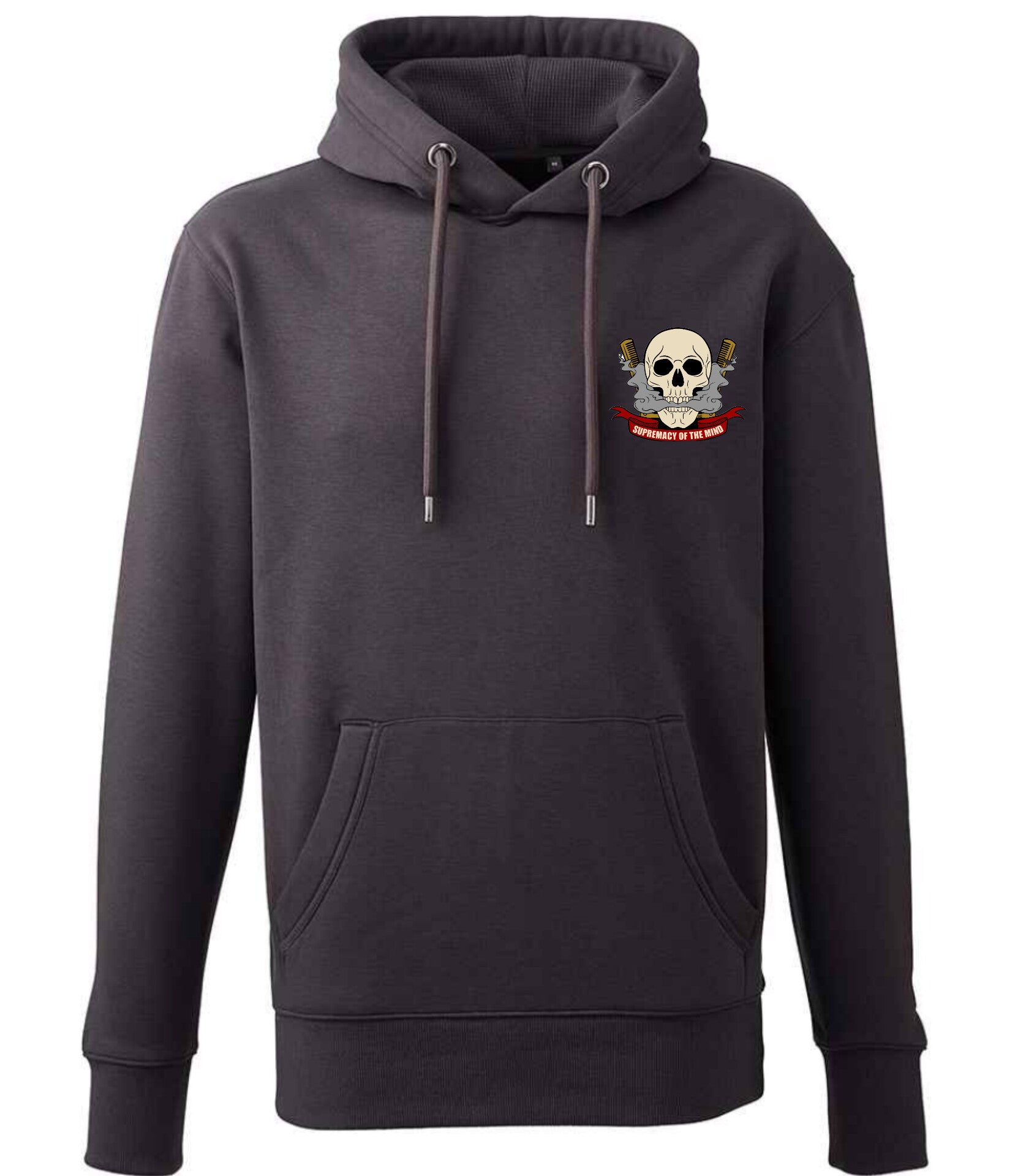 Supremacy of the mind organic hoodie with comb skull emblem in Charcoal grey