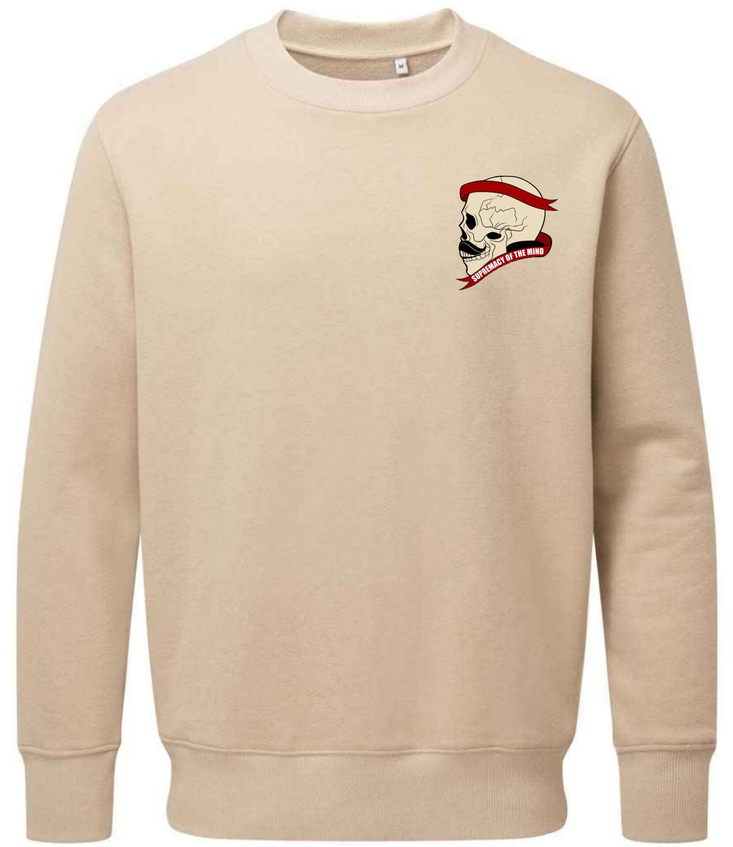 Supremacy of the mind organic crew neck sweater side skull with moustache in Sand