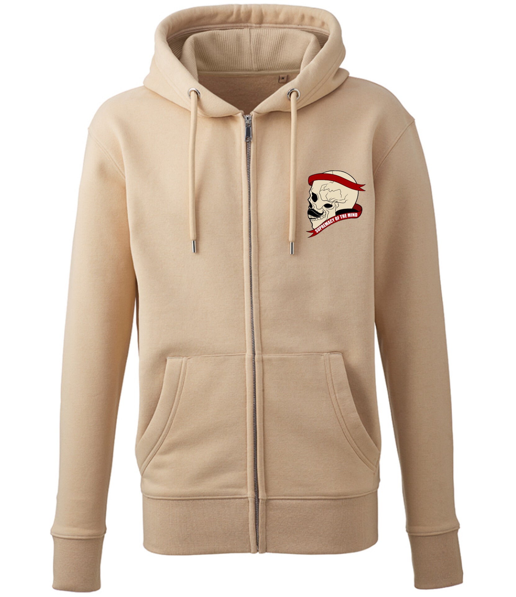 Supremacy of the mind full zip hoodie with skull motif in sand