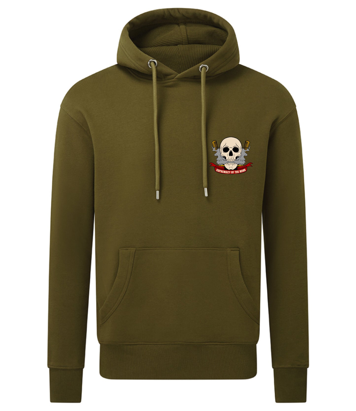 Supremacy of the mind organic hoodie with comb skull emblem in khaki