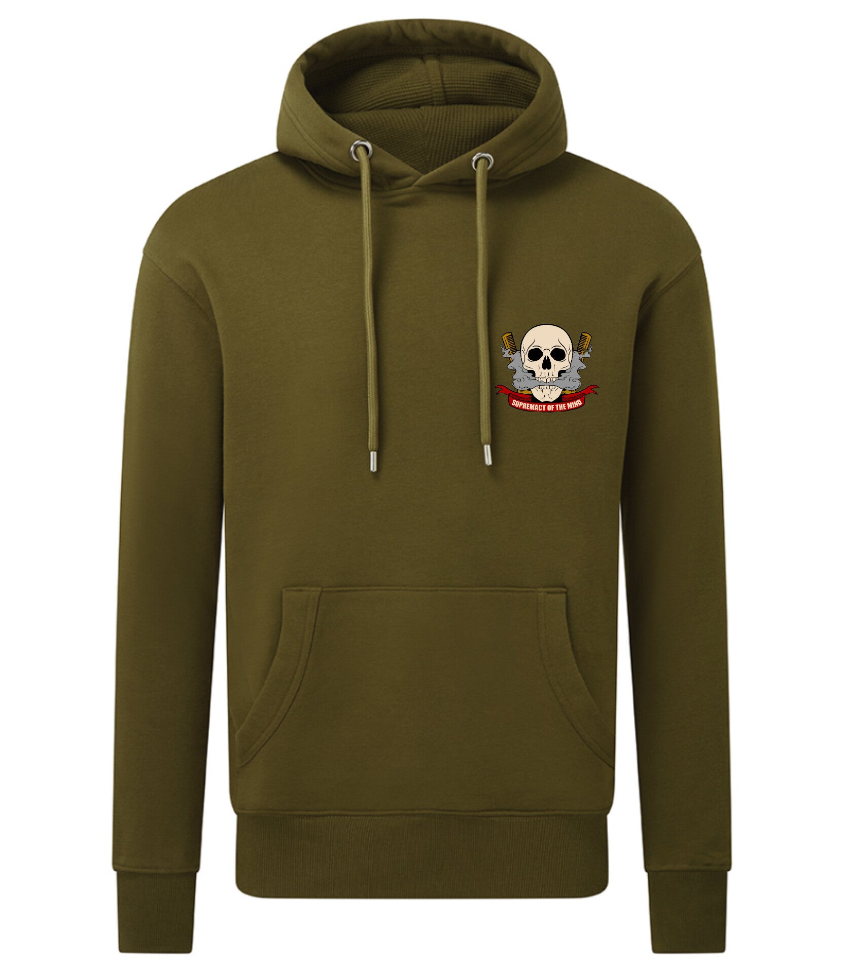 Supremacy of the mind organic hoodie with comb skull emblem in khaki