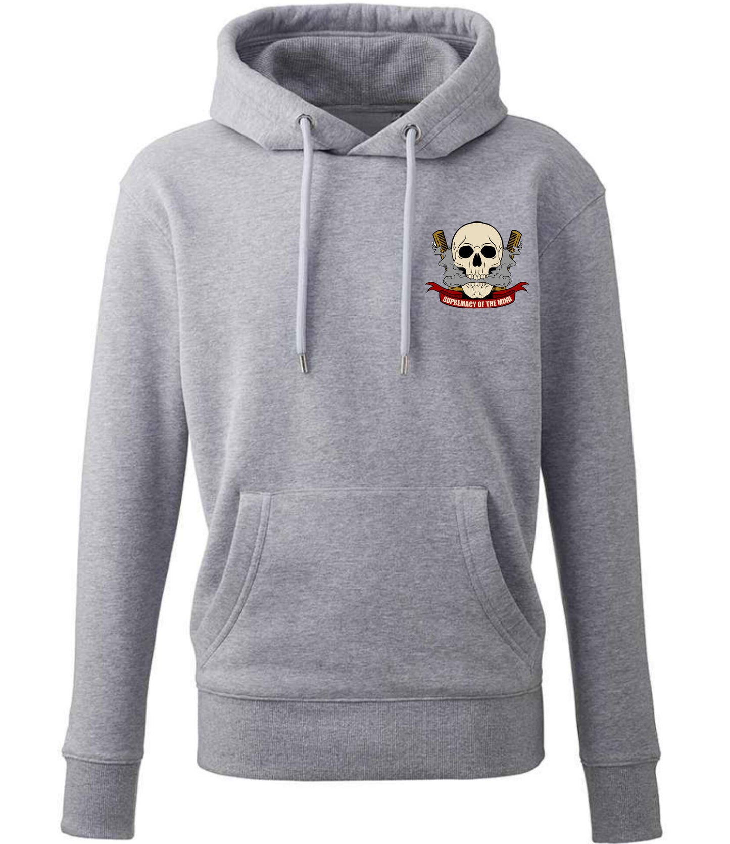 Supremacy of the mind organic hoodie with comb skull emblem in Grey Marl