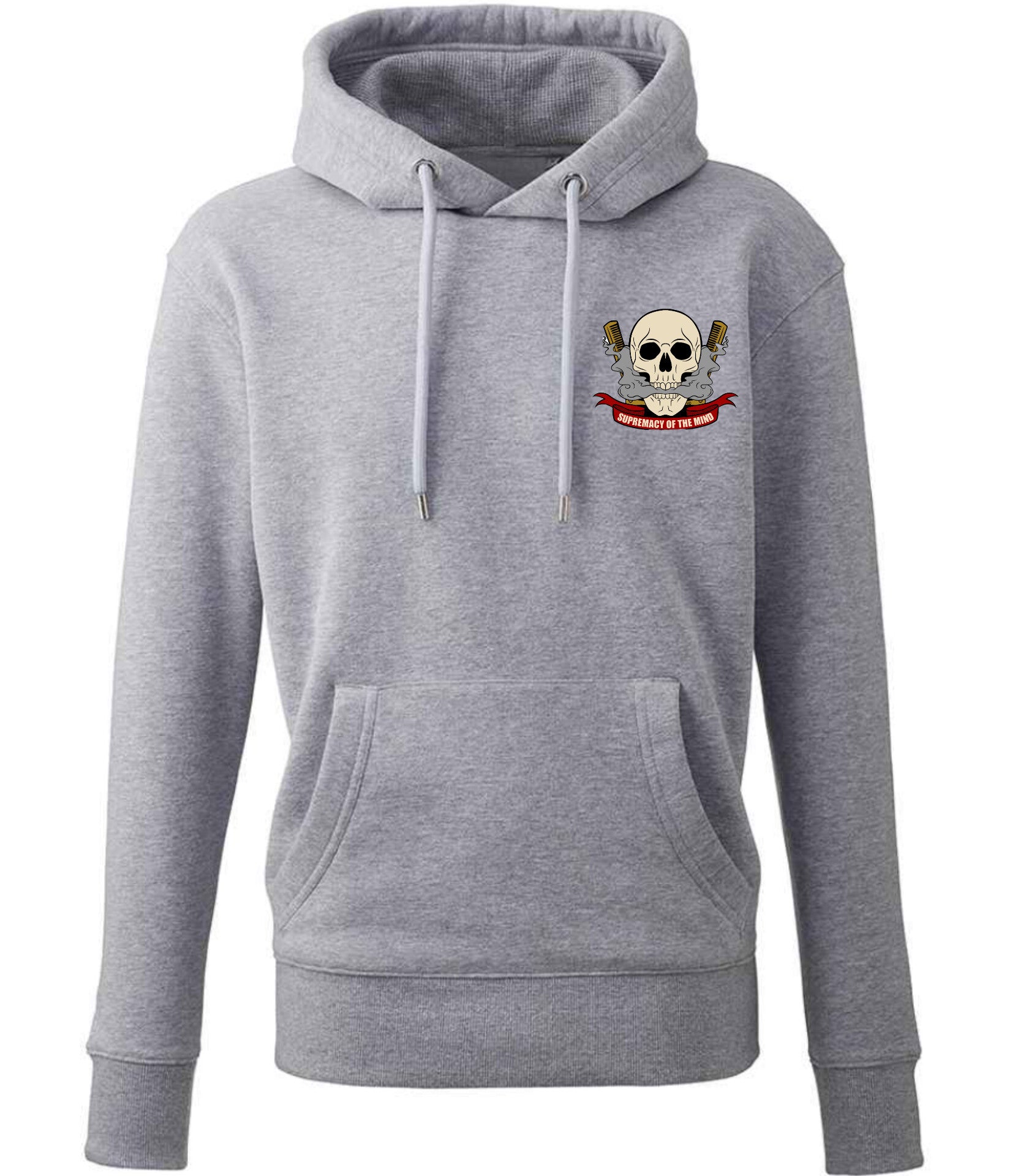 Supremacy of the mind organic hoodie with comb skull emblem in Grey Marl
