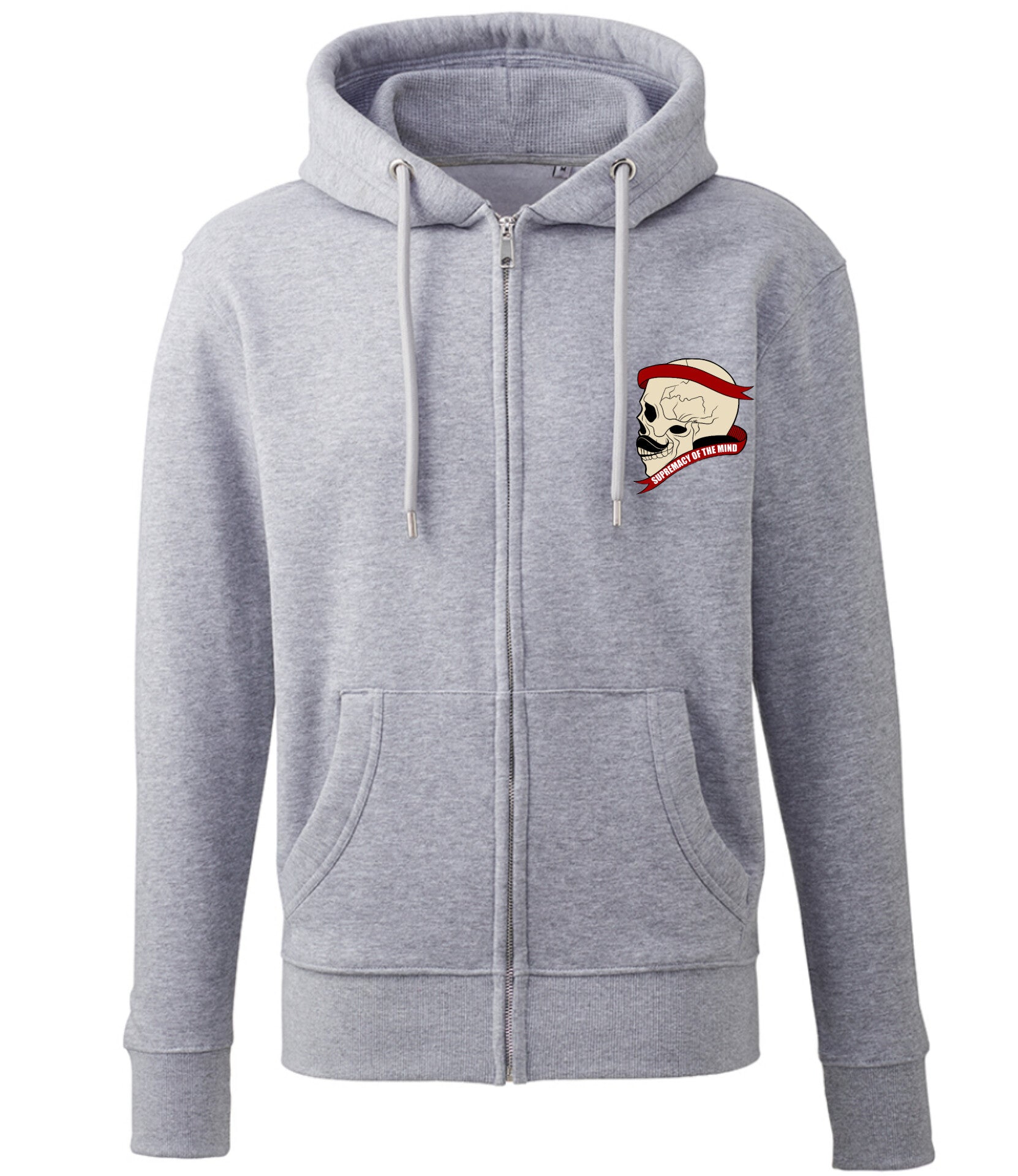 Supremacy of the mind full zip hoodie with skull motif in mark grey