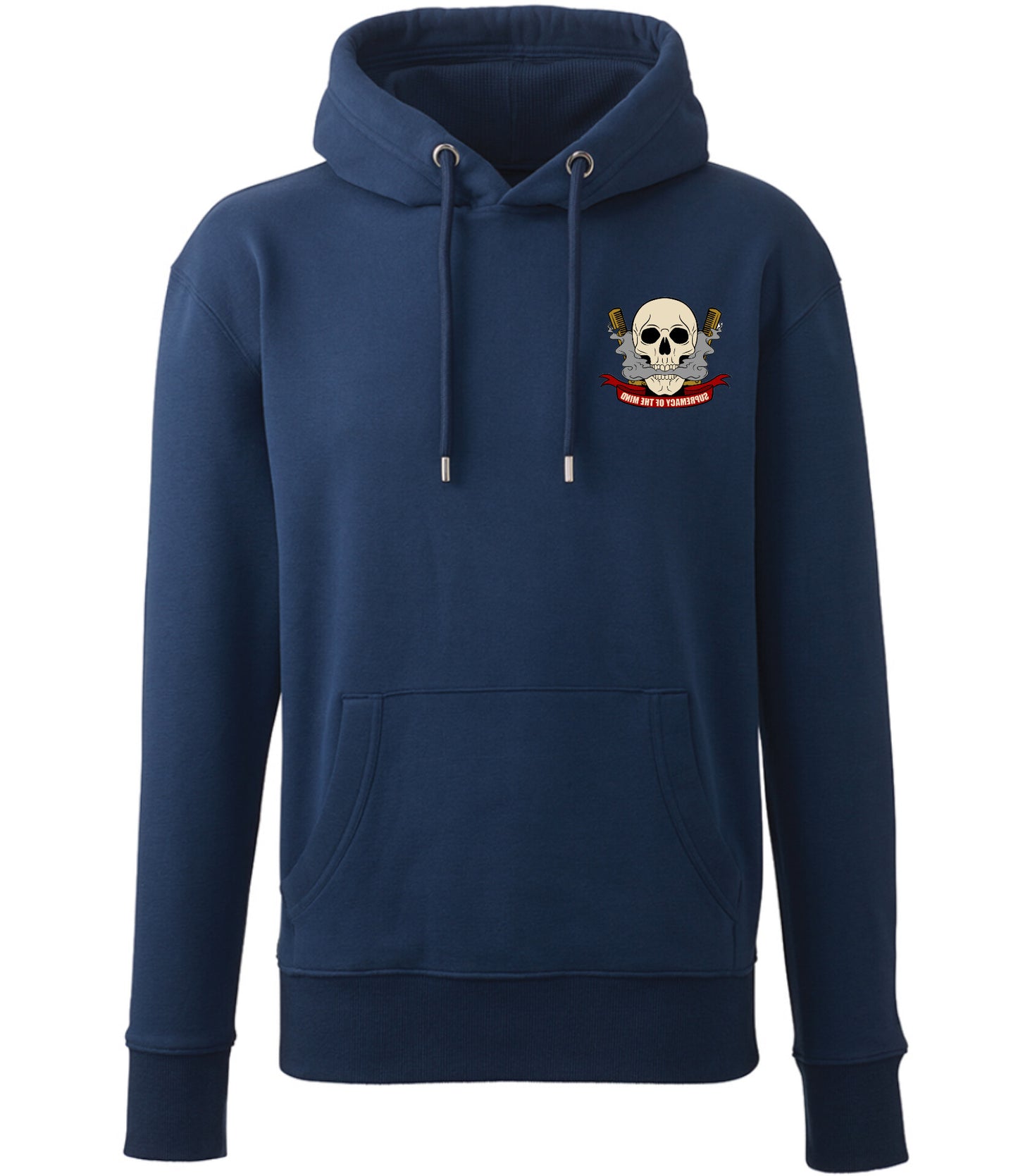 Supremacy of the mind organic hoodie with comb skull emblem in Navy
