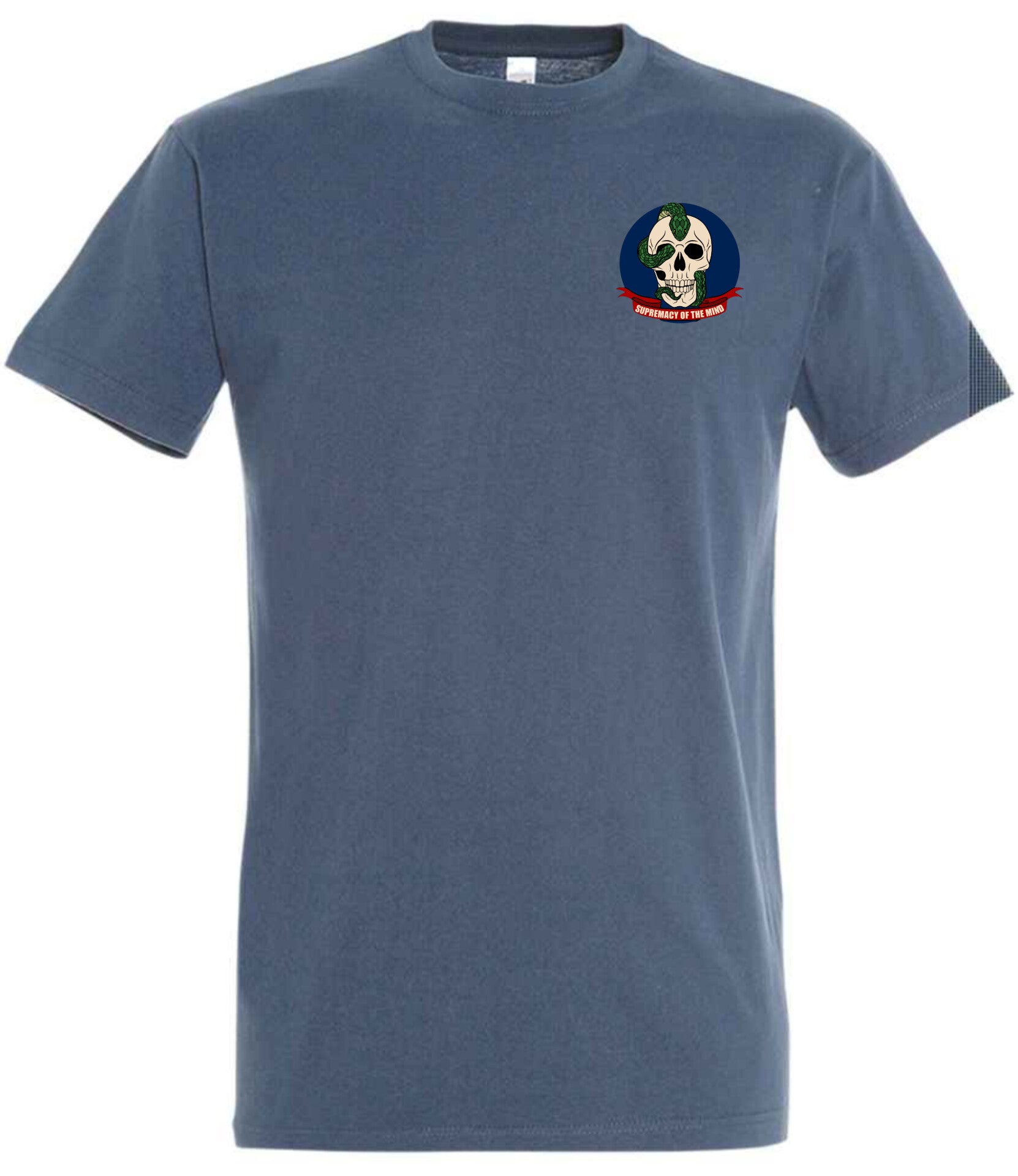 Supremacy of the mind Denim blue T'shirt with the first edition skull logo, blue circle background and snake