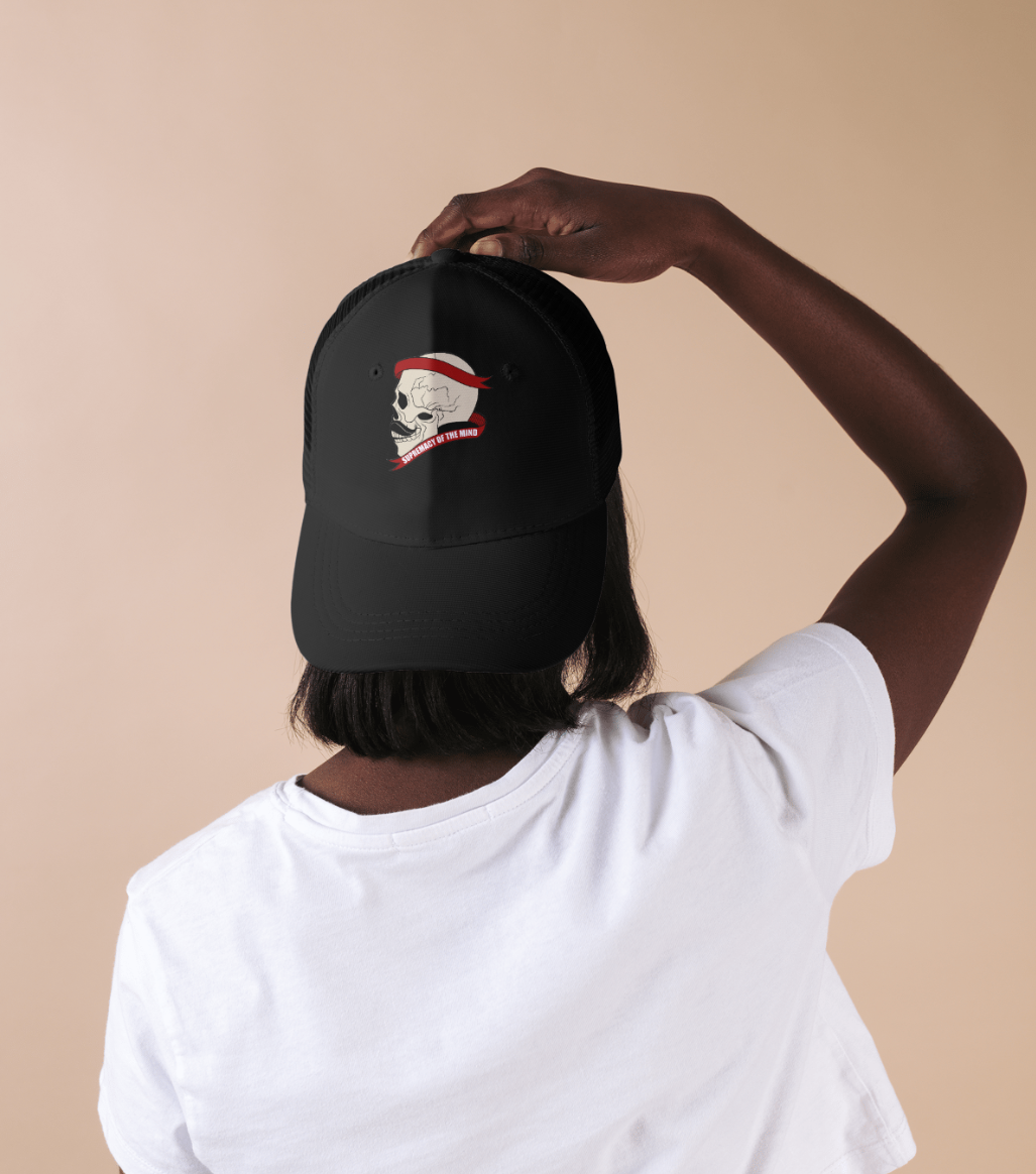 Supremacy of the mind
Support Mental Health
black baseball cap
skull design
moustache