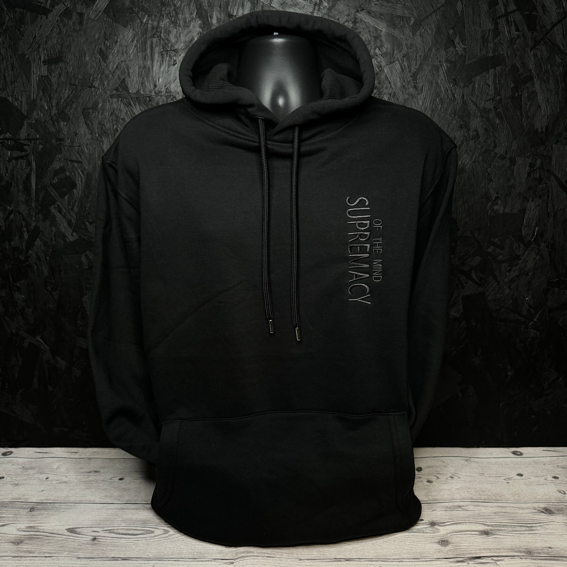 Supremacy of the mind black embroidered organic hoodie