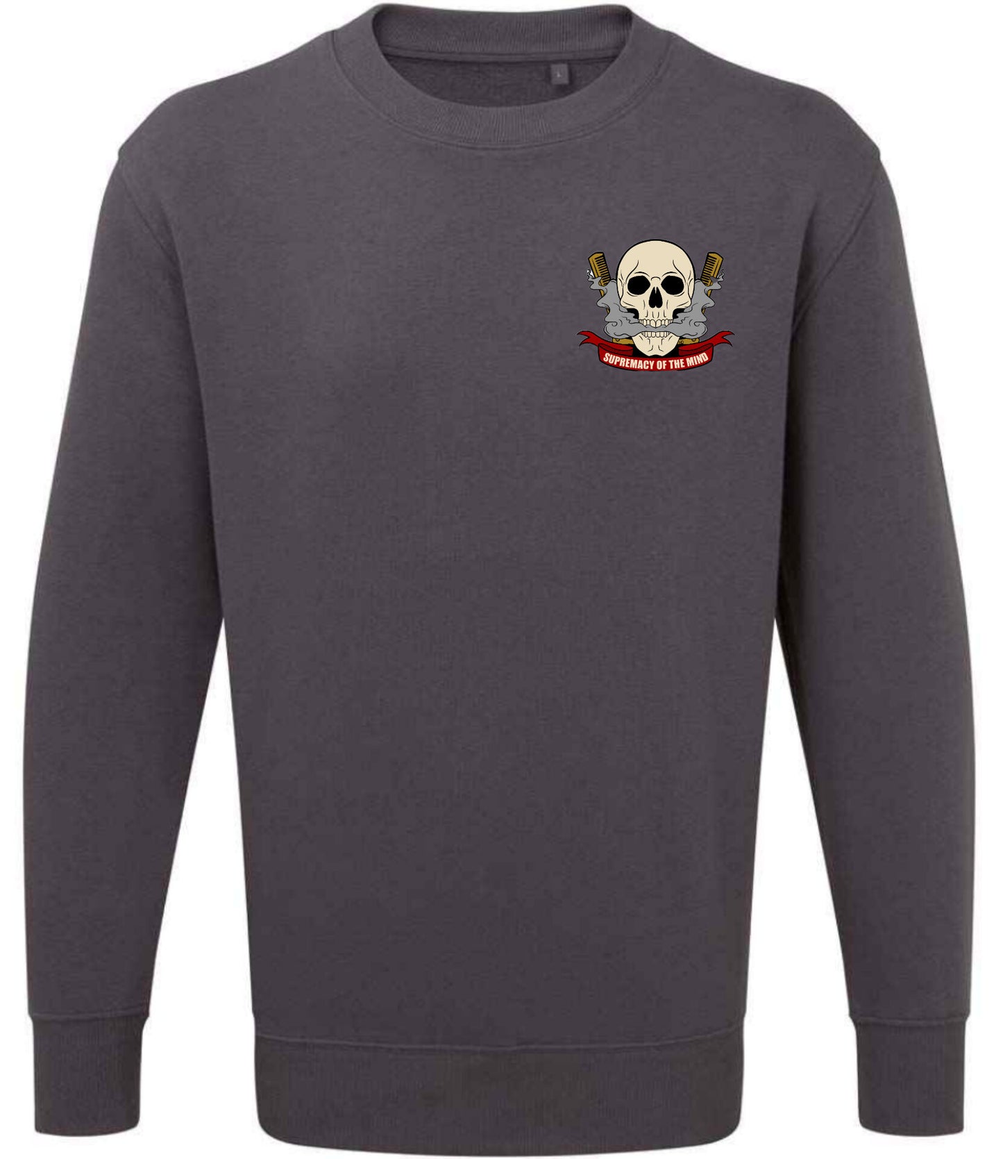 Supremacy of the mind crewneck sweater with combs emblem in charcoal grey