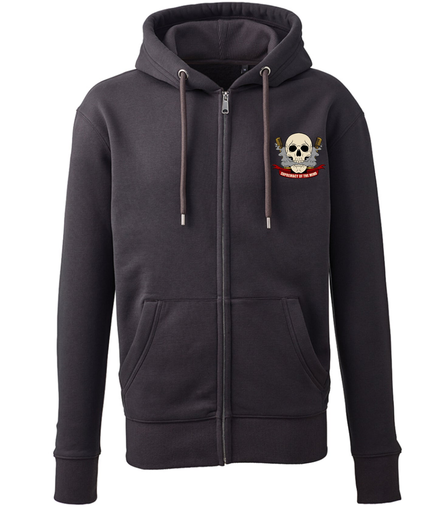 Supremacy of the mind full zip hoodie with skull motif in charcoal grey