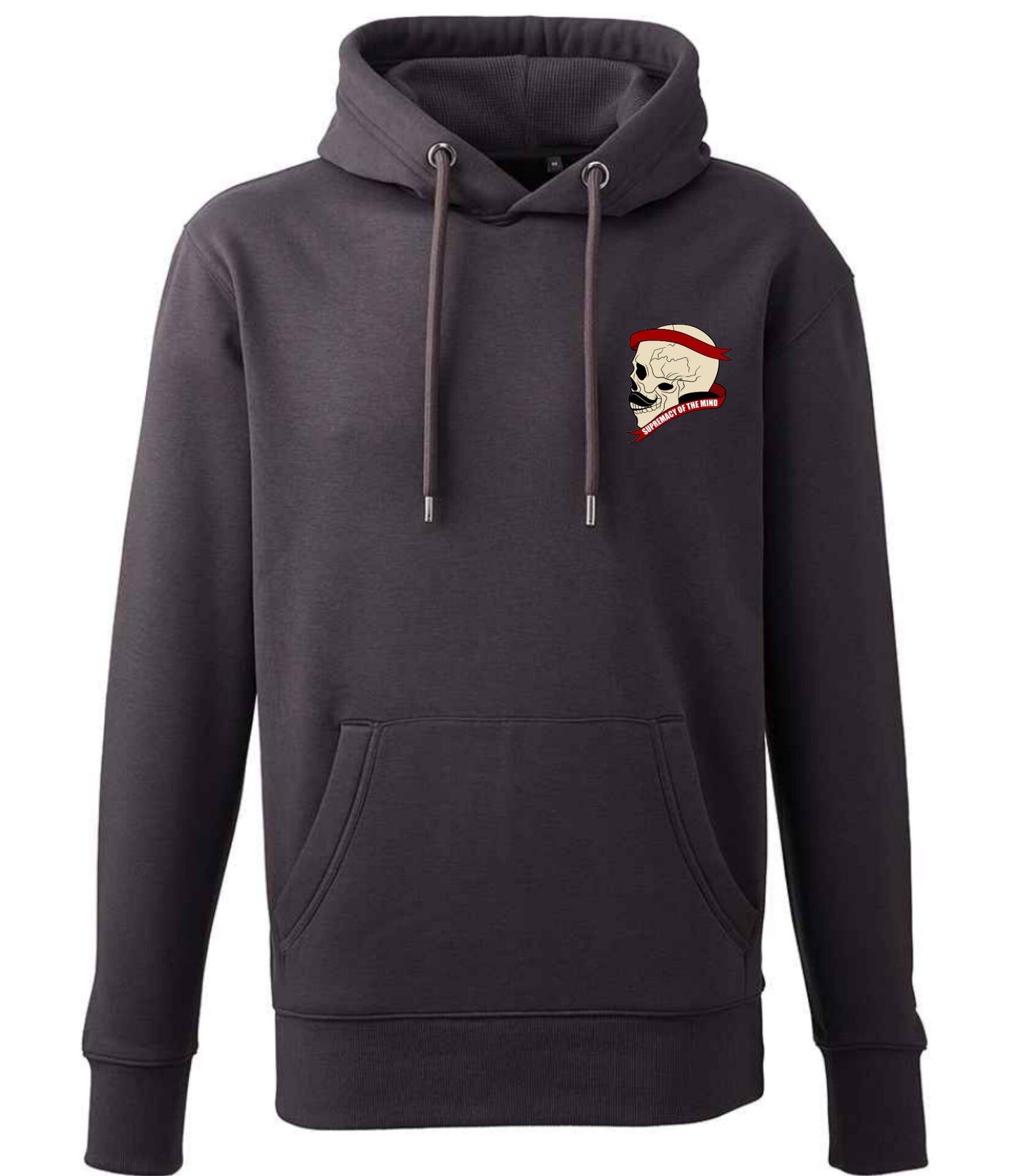 Supremacy of the mind organic hoodie with side skull with moustache emblem in Charcoal Grey