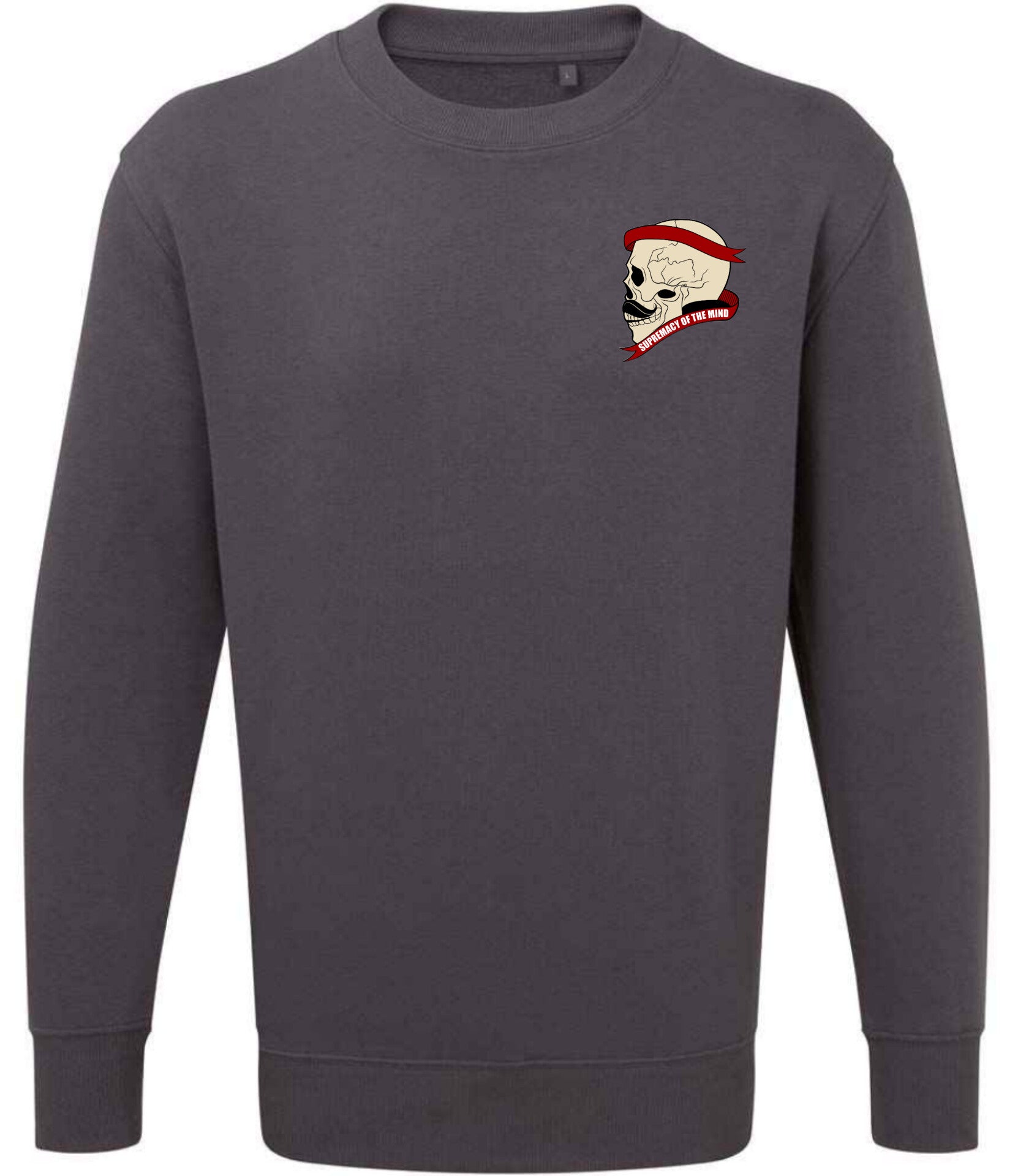 Supremacy of the mind organic crew neck sweater side skull with moustache in Grey