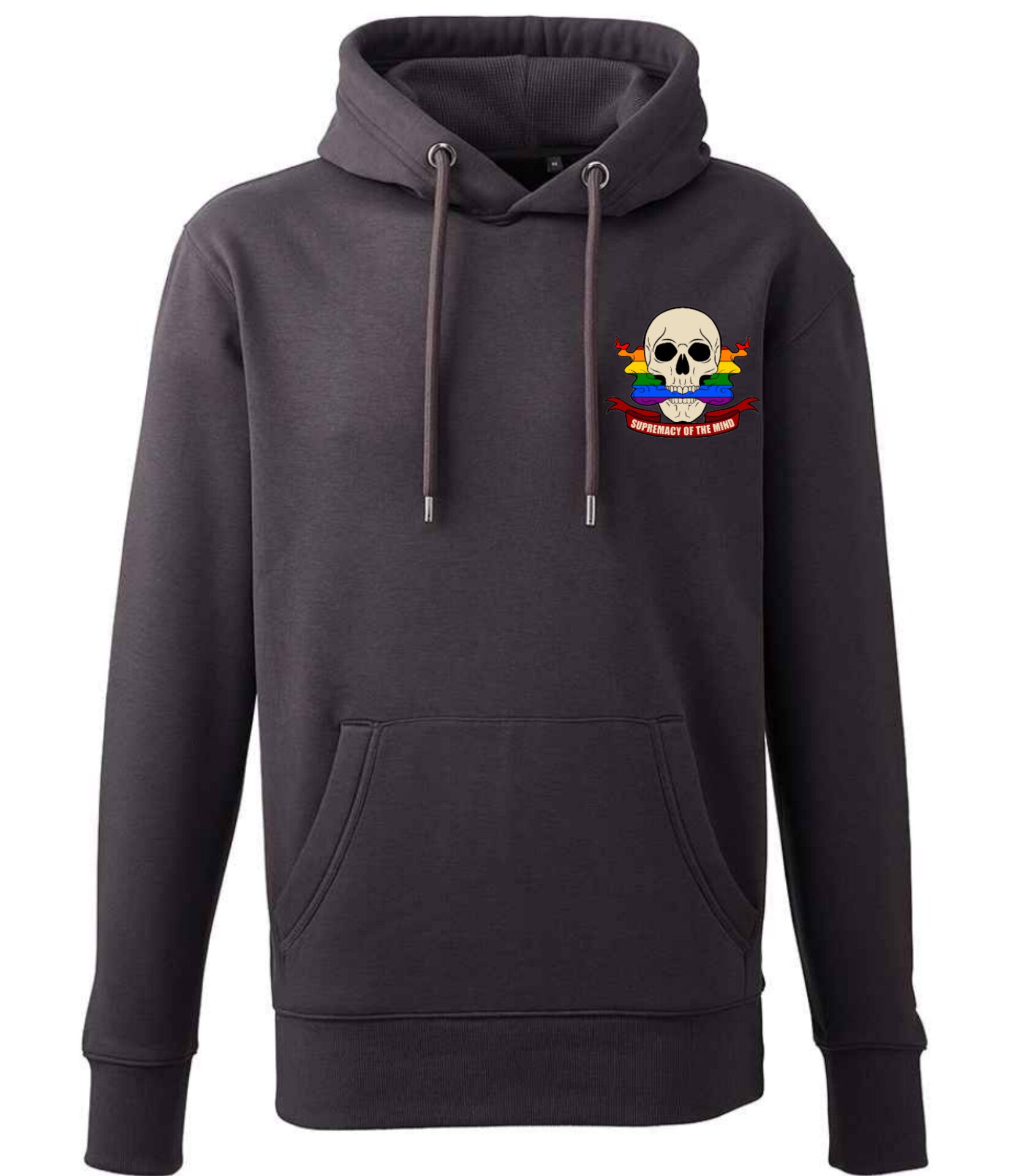 Supremacy in the mind Organic Hoodie with Smokin Pride skull emblem in Charcoal Grey