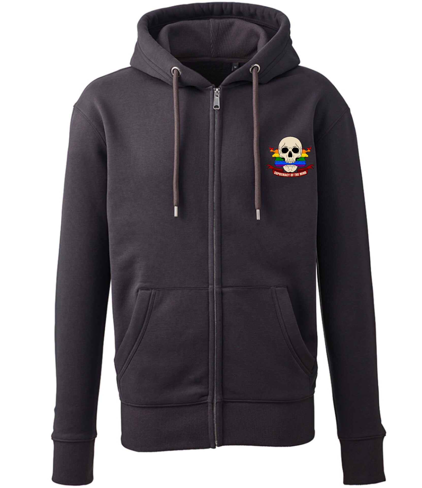 Supremacy of the mind full zip hoodie with skull smokin pride motif in charcoal grey