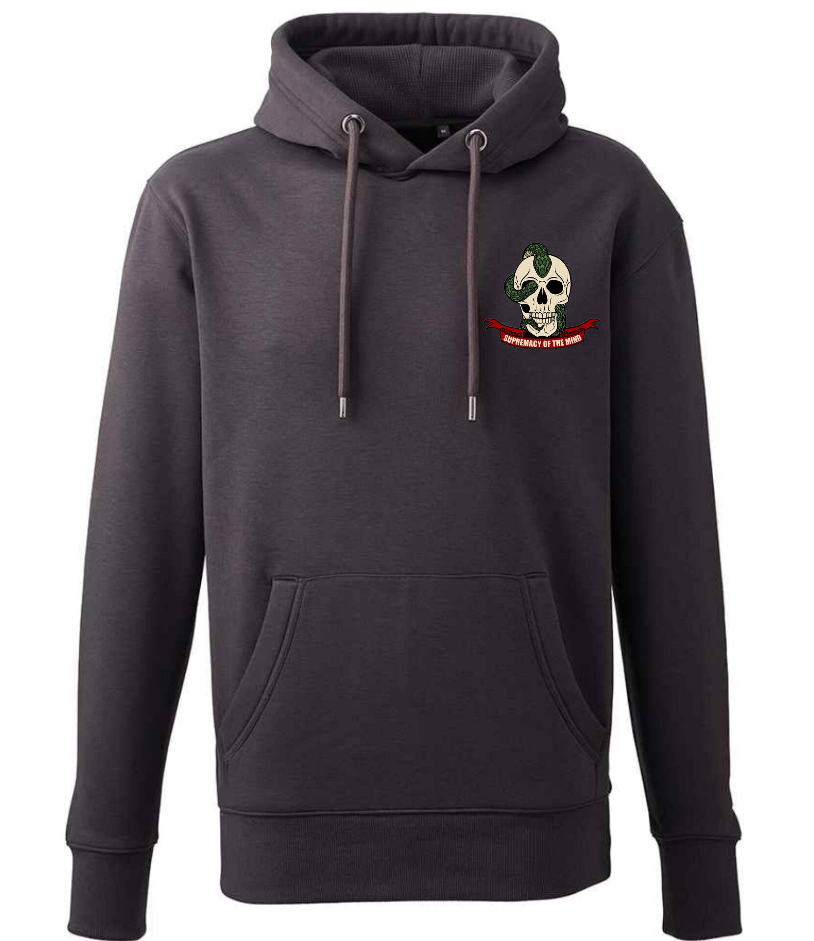 Supremacy in the mind Organic Hoodie with Snake skull emblem in Charcoal Grey