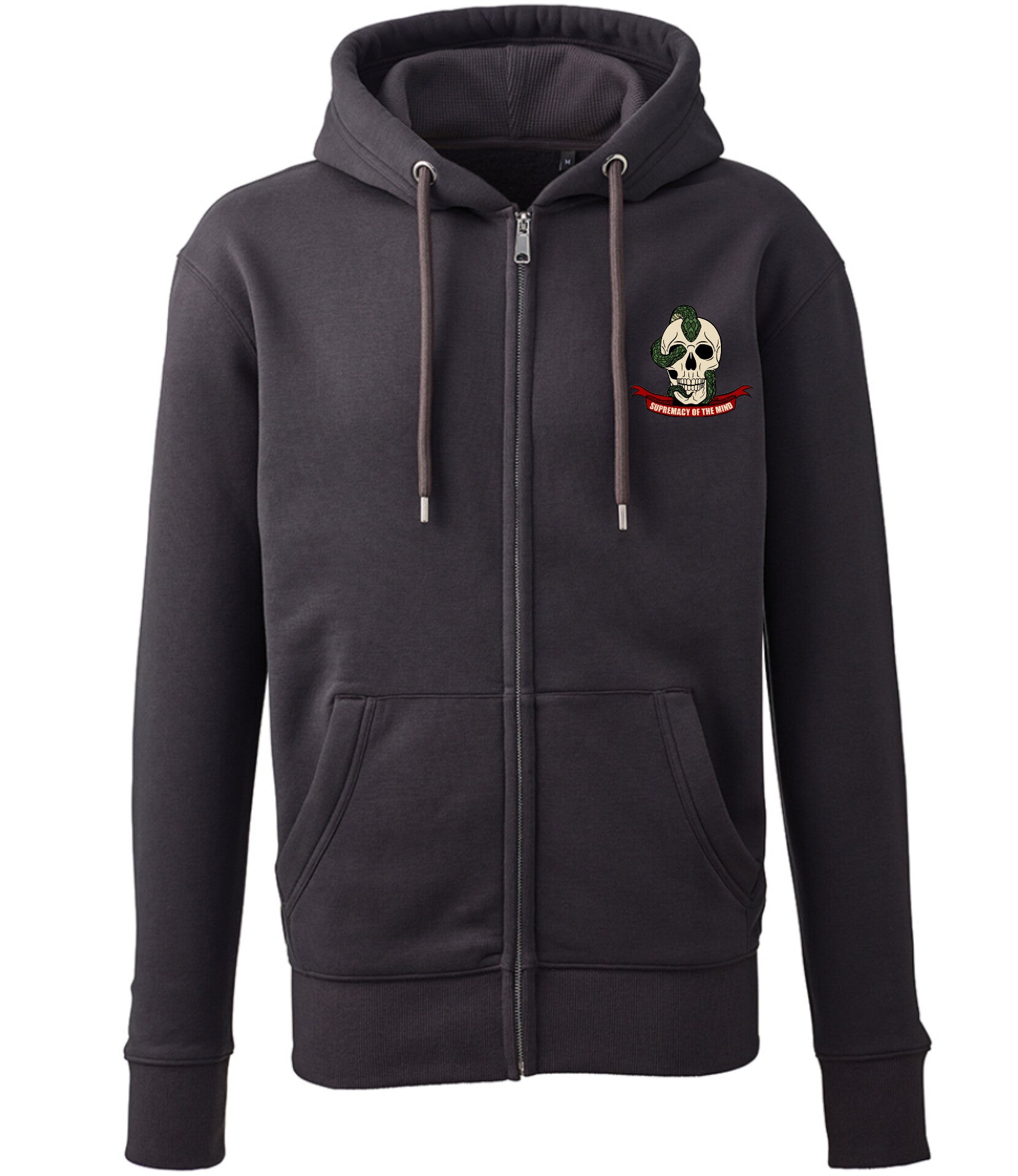 Supremacy of the mind full zip hoodie with skull snake motif in charcoal grey