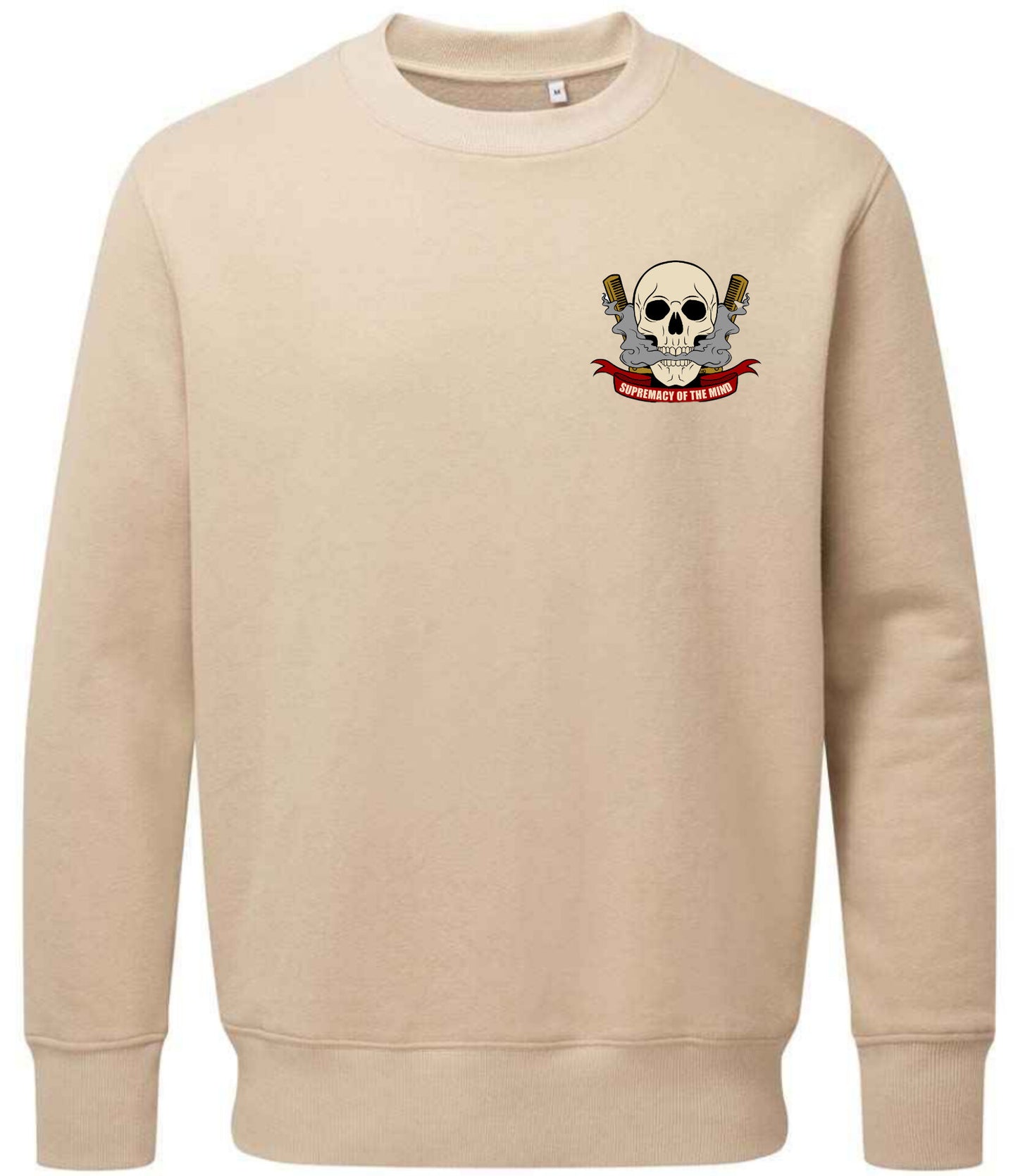 Supremacy of the mind crewneck sweater with combs emblem in sand