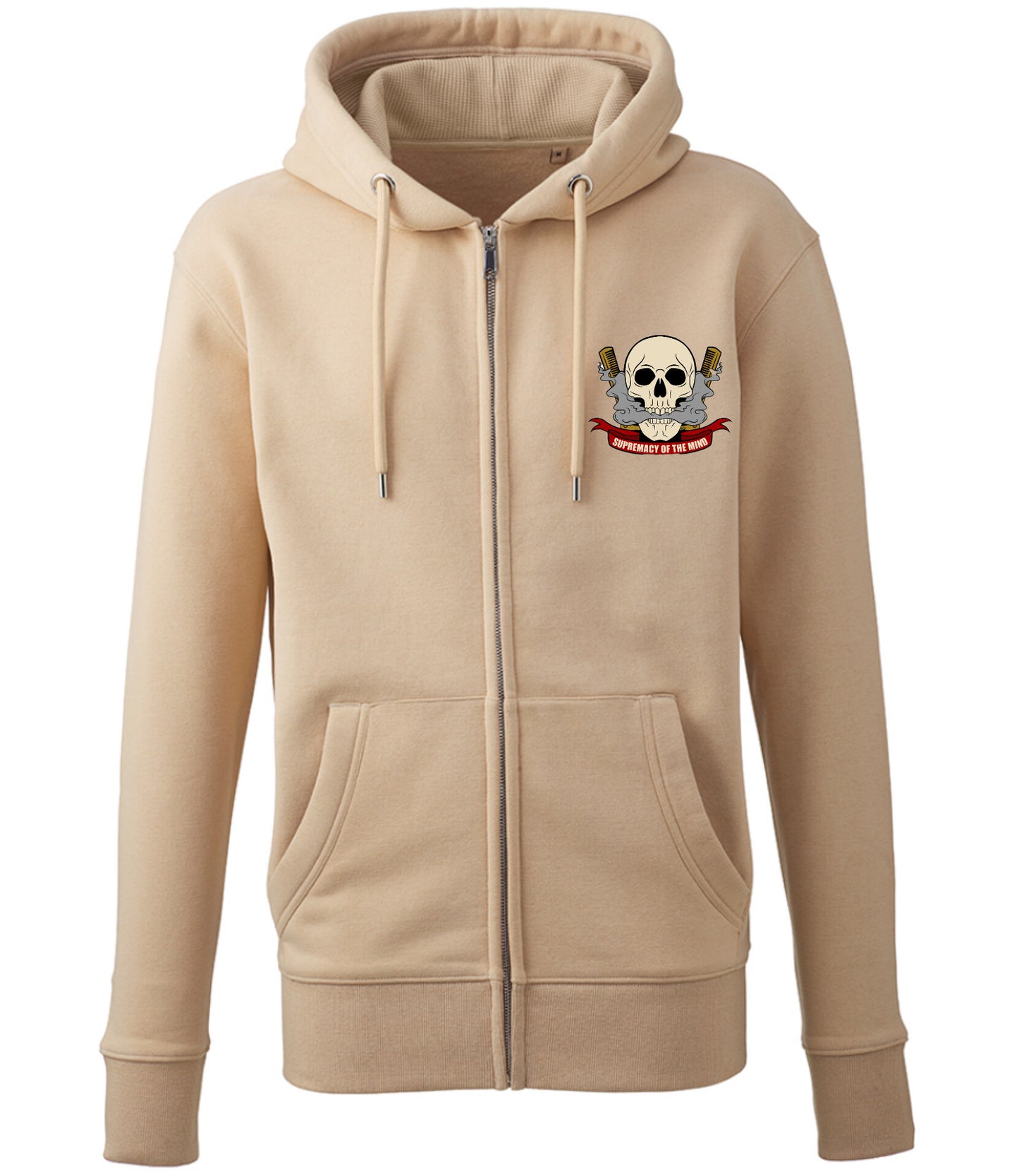 Supremacy of the mind full zip hoodie with skull motif in sand