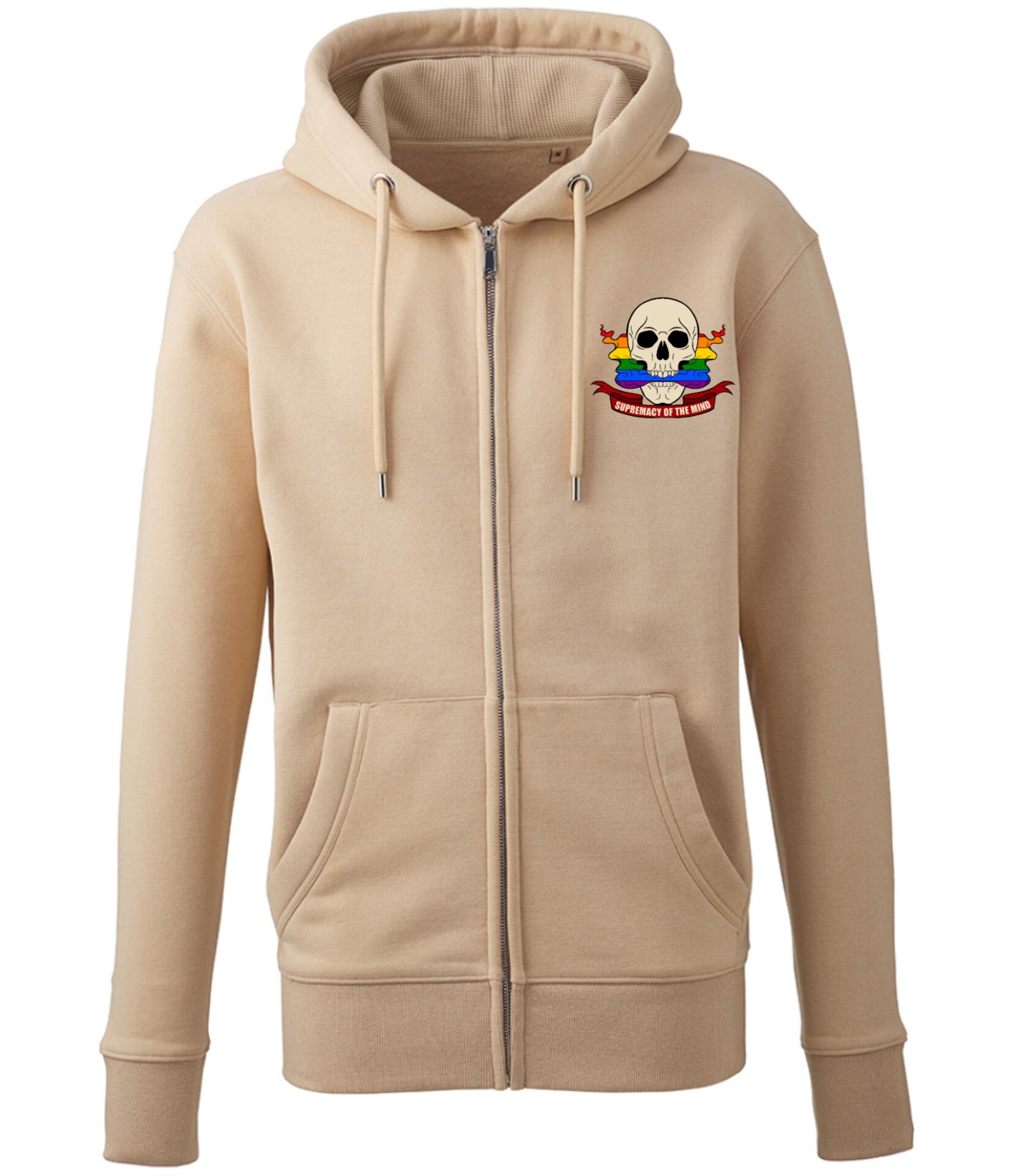 Supremacy of the mind full zip hoodie with skull smokin pride motif in sand