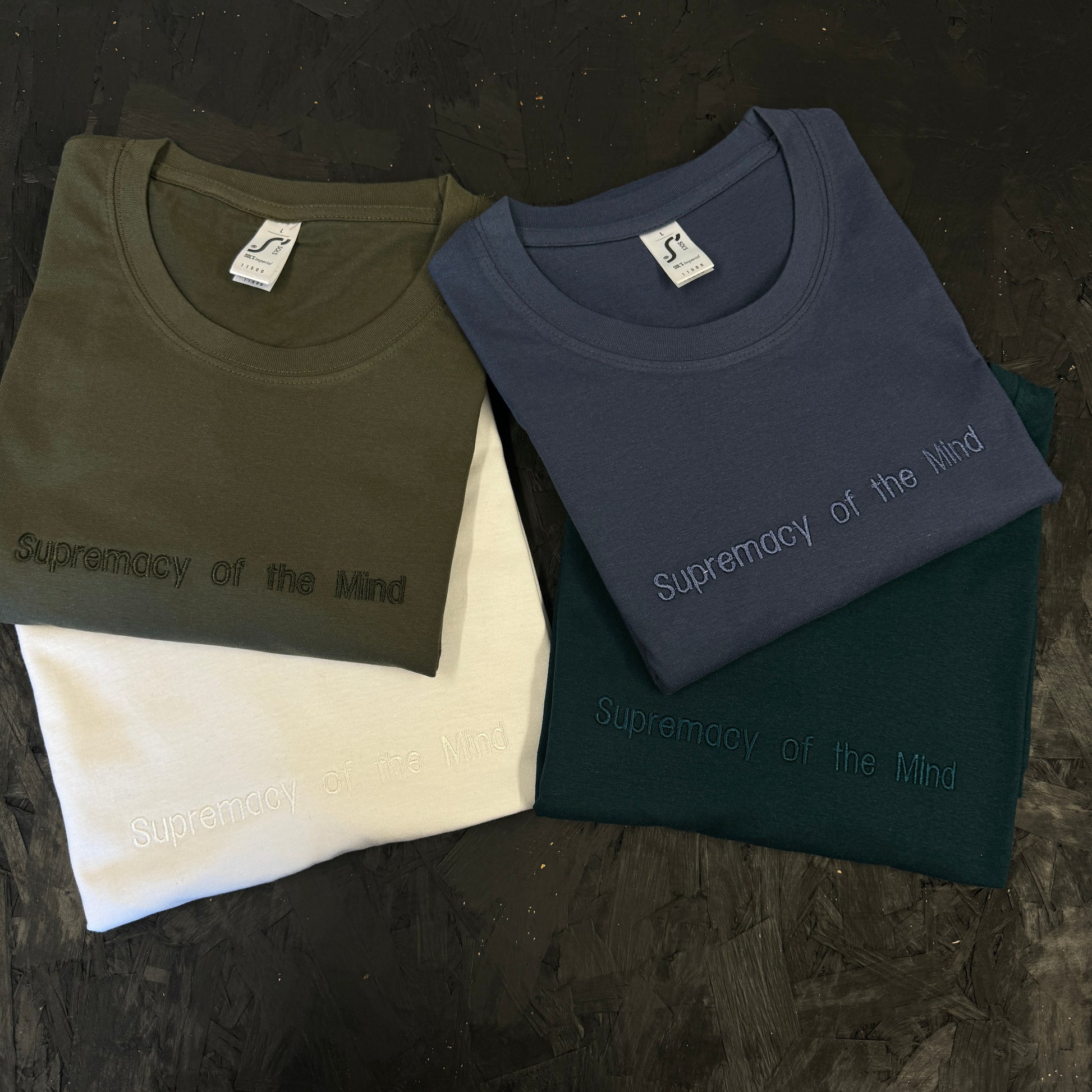 Supremacy of the mind Embroidered Collection T'Shirts white, army green, denim blue and petrol blue