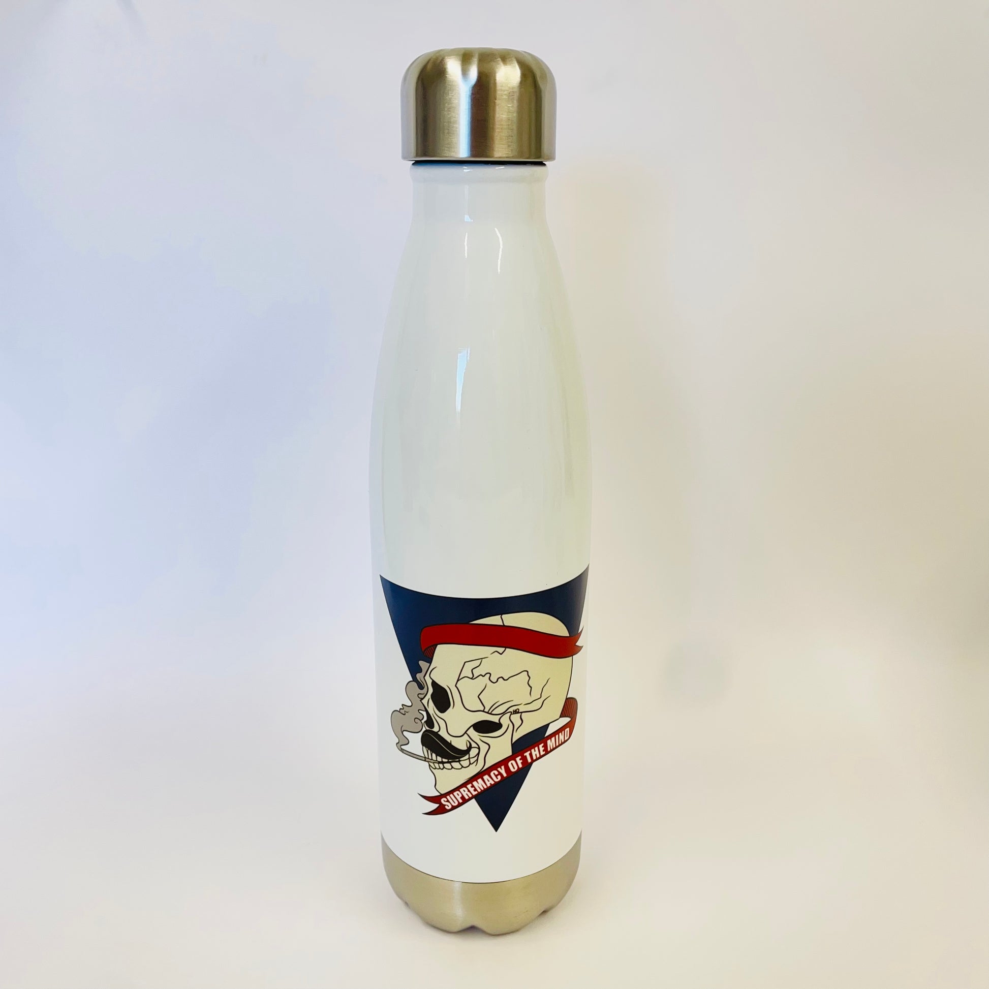 white supremacy of the mind stainless steel chill flask with smoking moustache skull motif