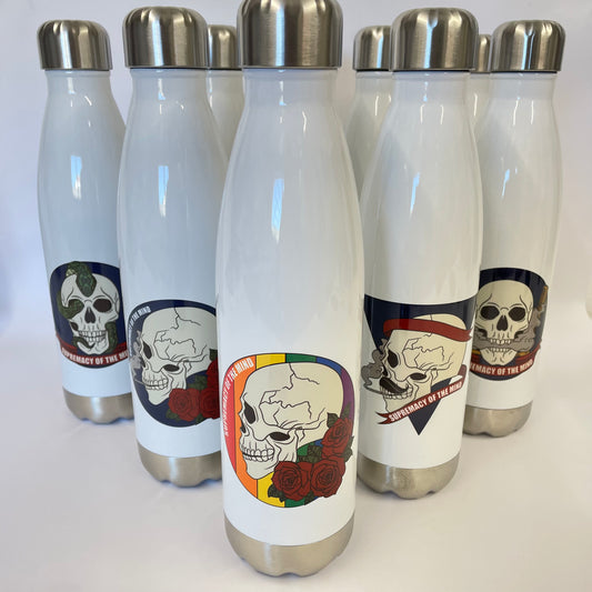 Supremacy of the mind chill flask with Skull motif white stainless steel