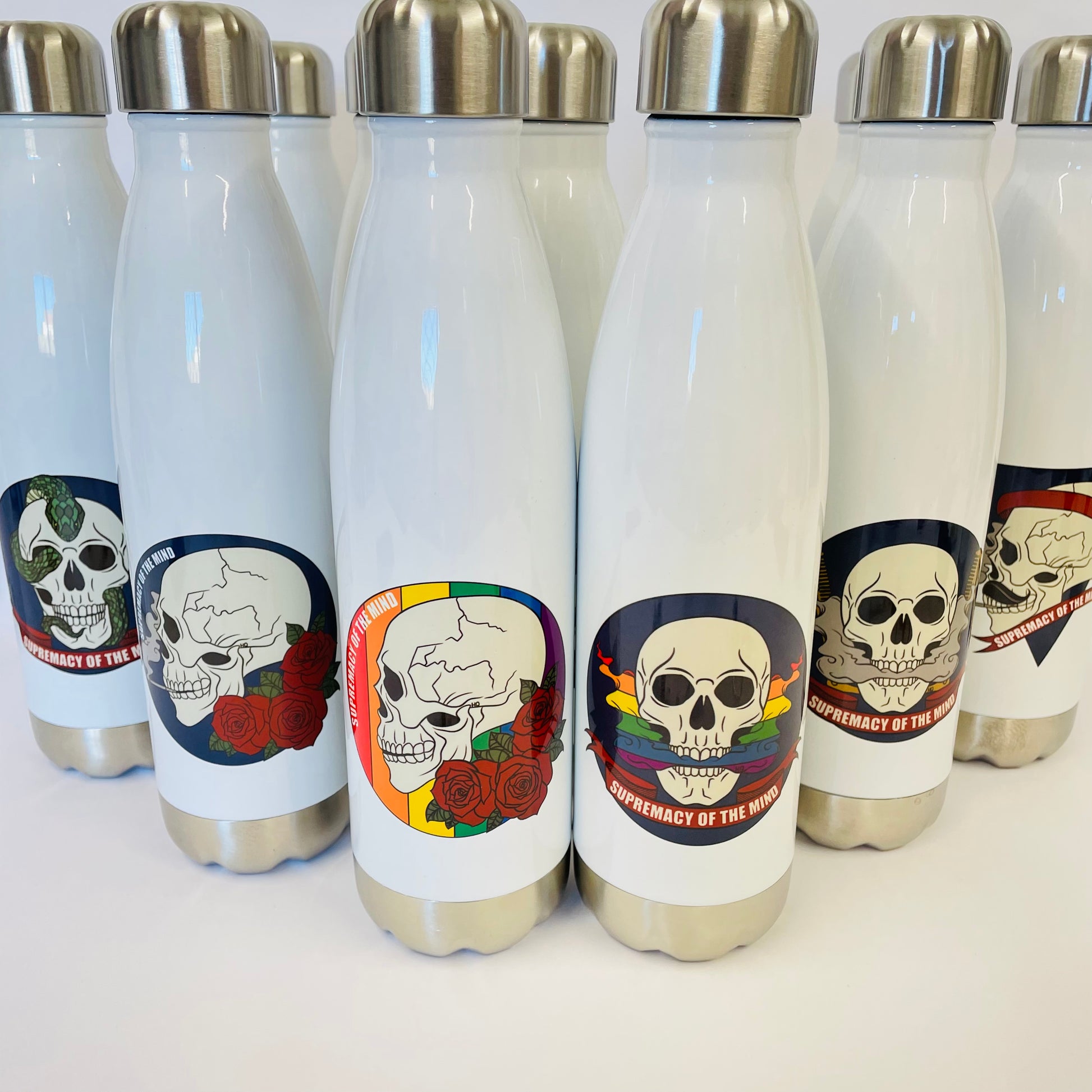 Supremacy of the mind stainless steel white chill flask with skull design