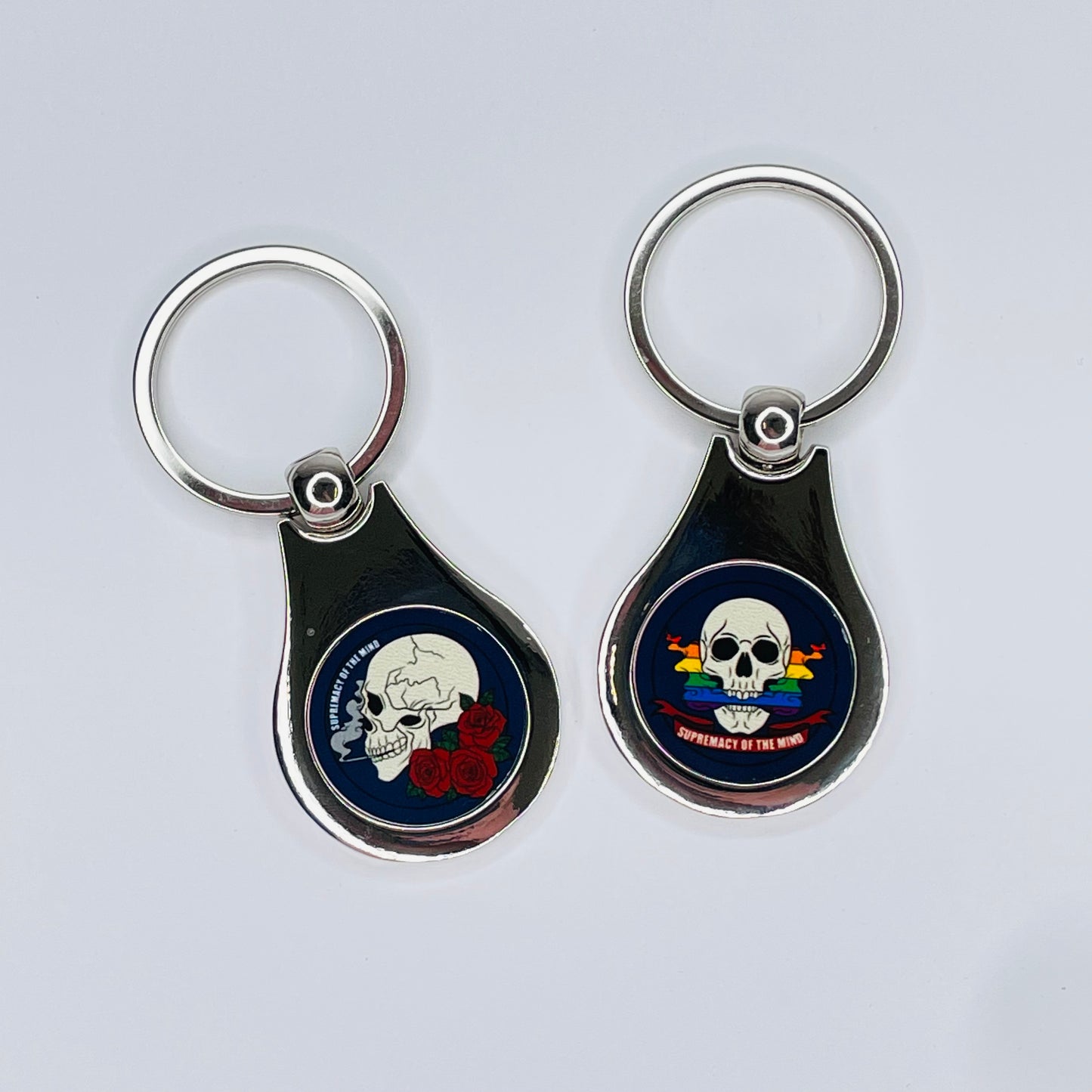 Supremacy of the mind stainless steel keyring with skull emblems