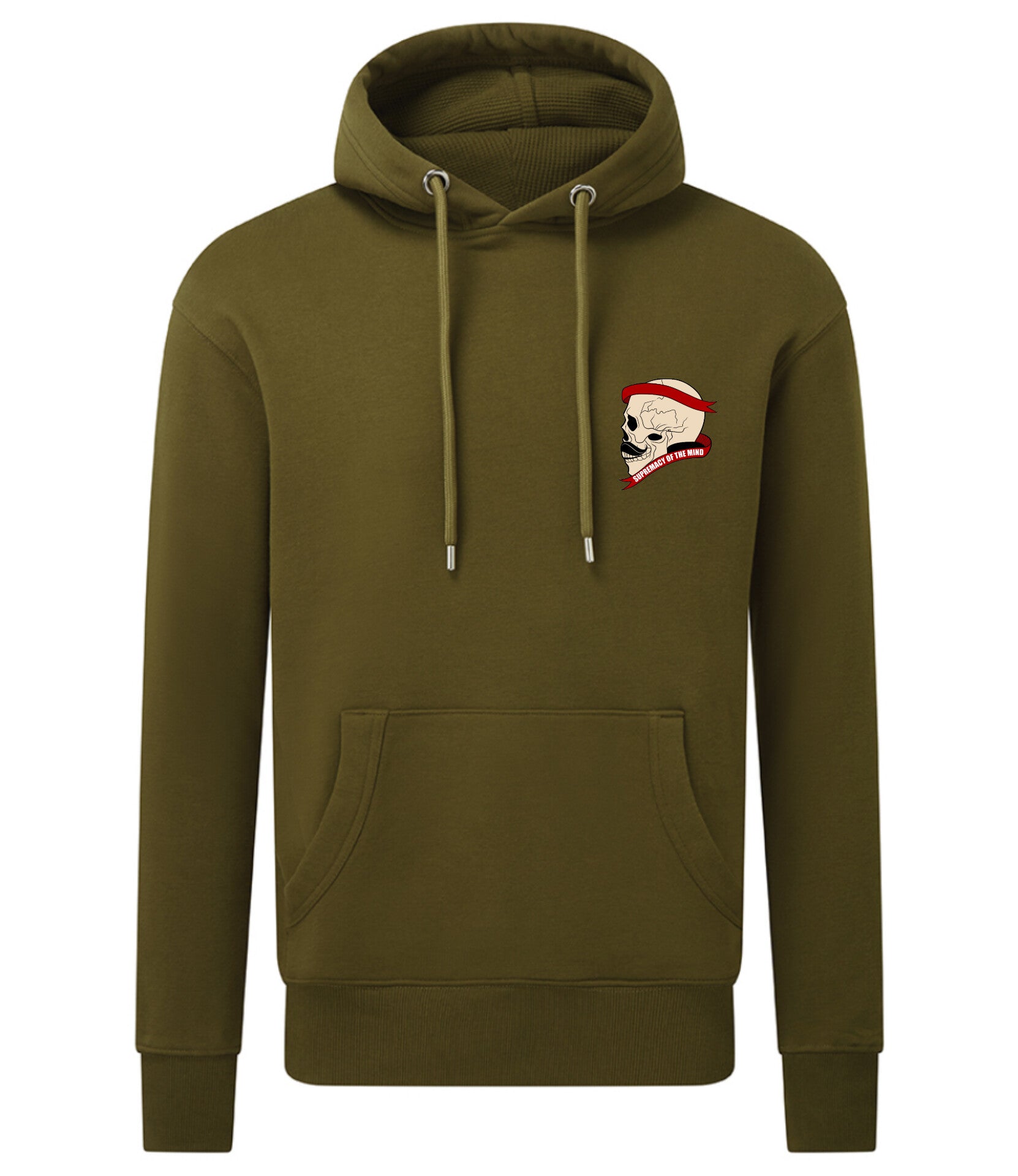 Supremacy of the mind organic hoodie with side skull with moustache emblem in khaki