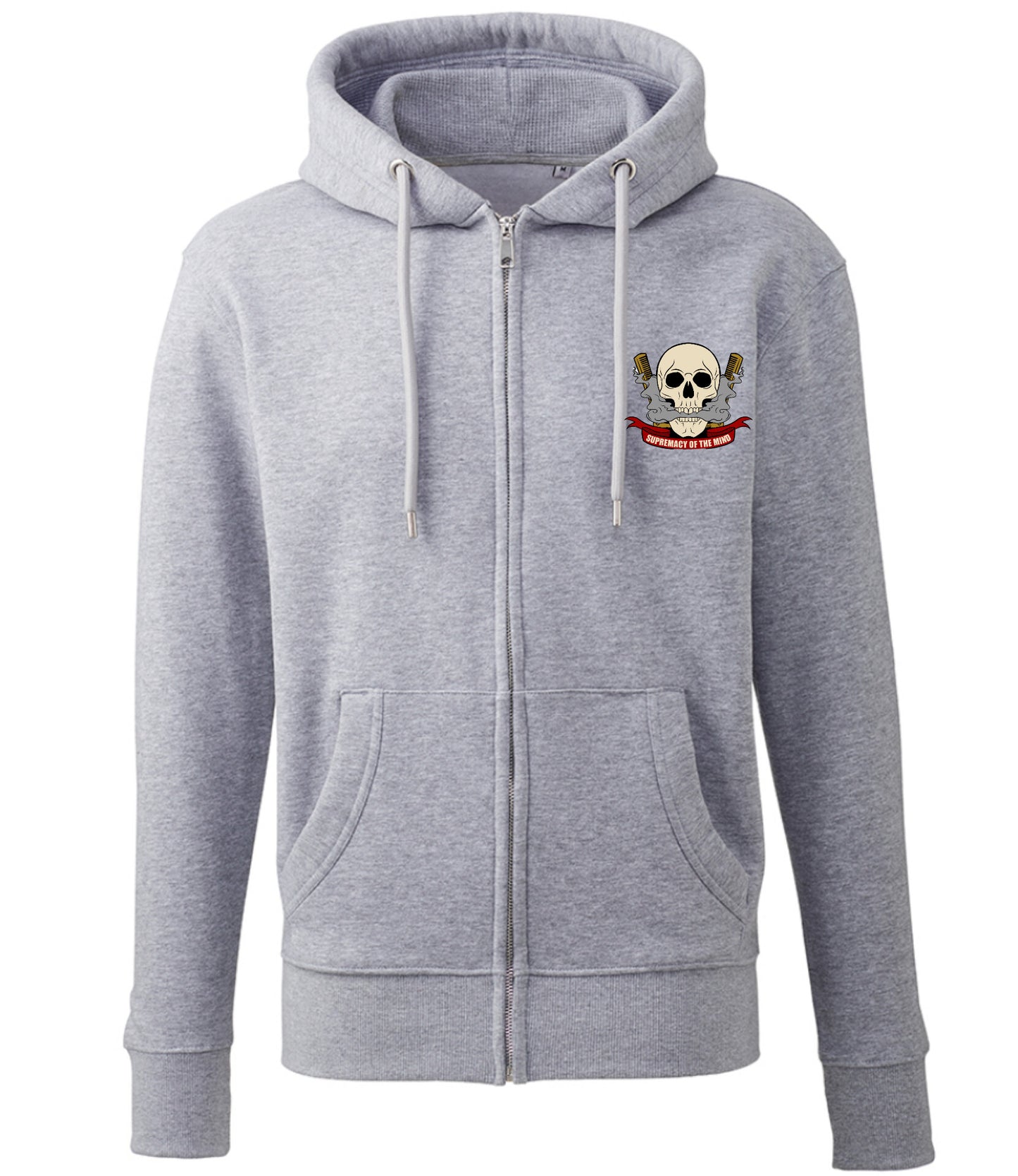 Supremacy of the mind full zip hoodie with skull motif in marl grey