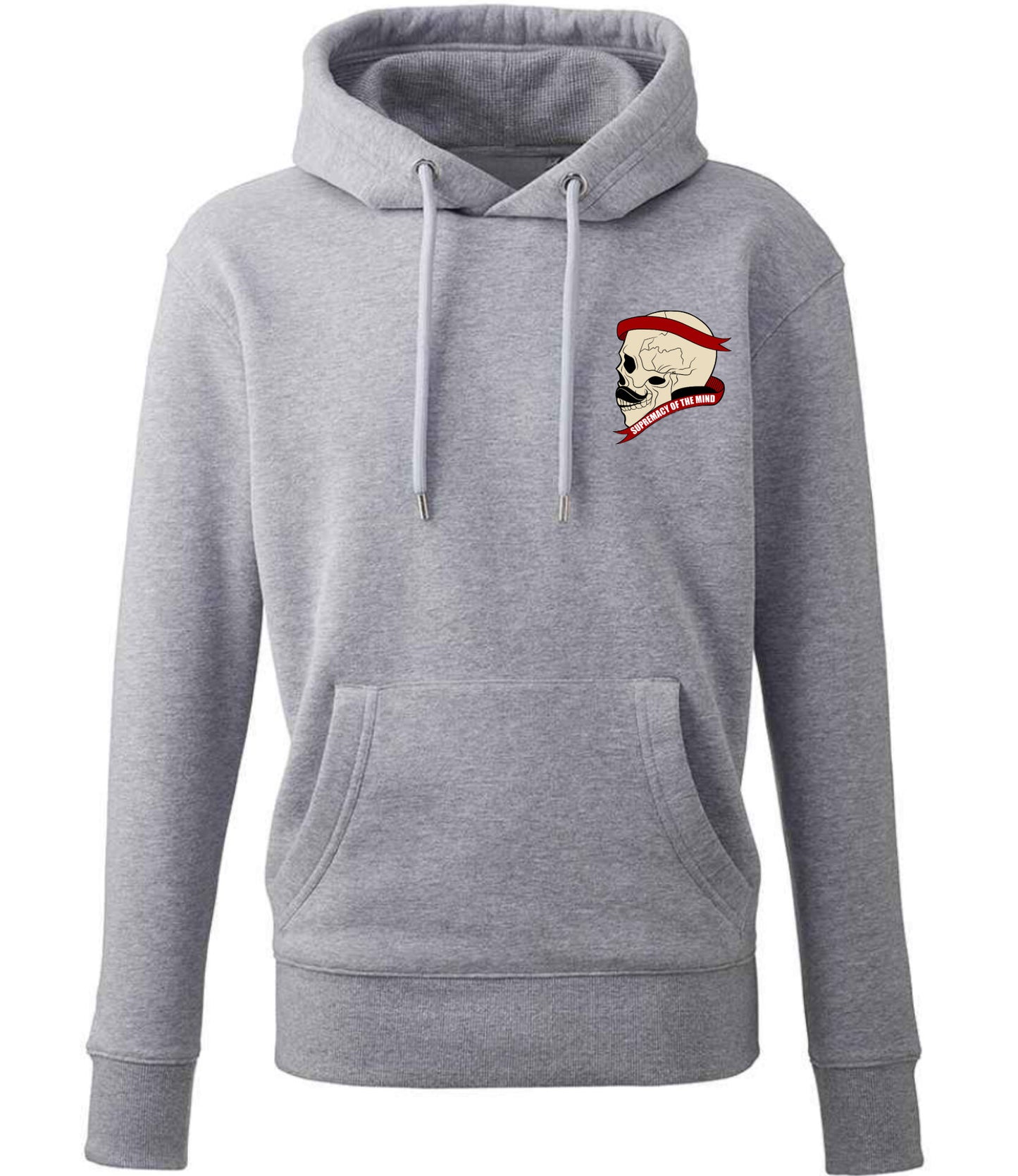 Supremacy of the mind organic hoodie with side skull with moustache emblem in Marl Grey