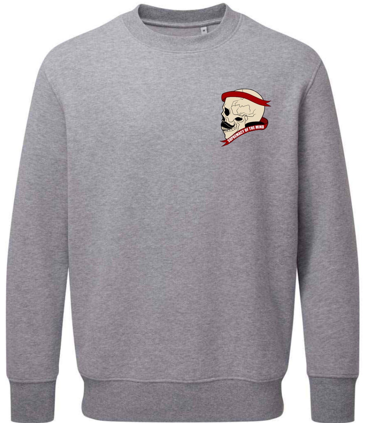 Supremacy of the mind organic crew neck sweater side skull with moustache in marl grey