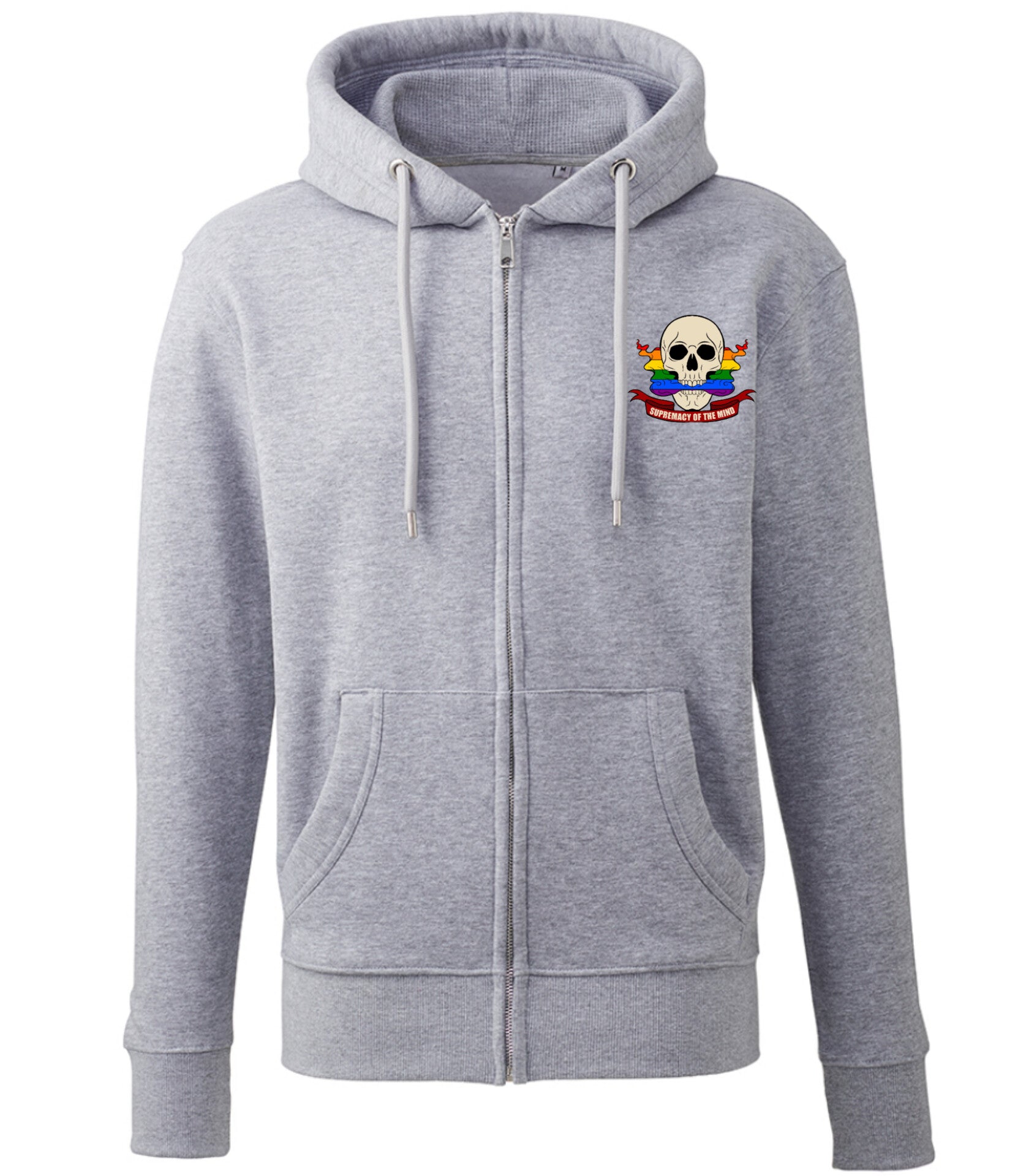 Supremacy of the mind full zip hoodie with skull smokin pride motif in marl grey