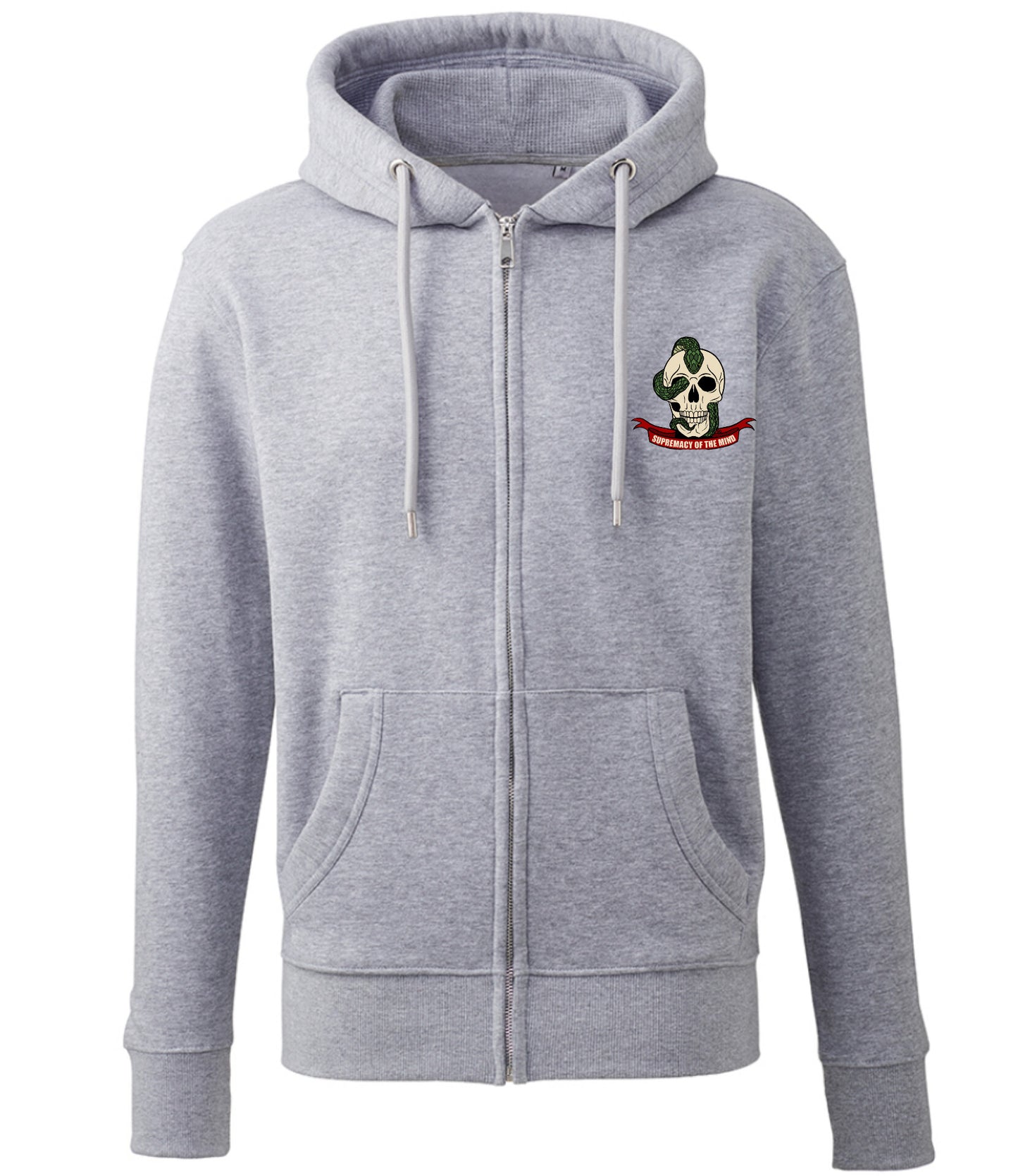 Supremacy of the mind full zip hoodie with skull snake motif in grey marl