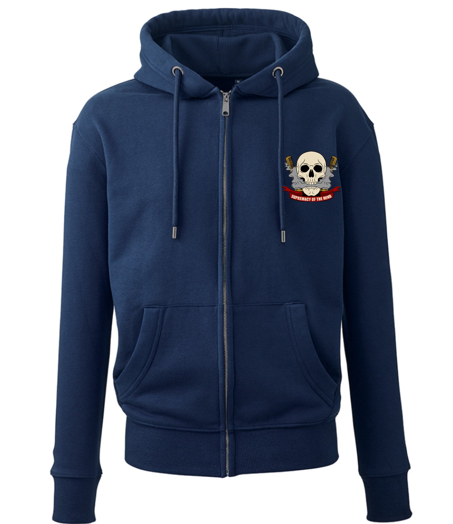 Supremacy of the mind full zip hoodie with skull motif in navy