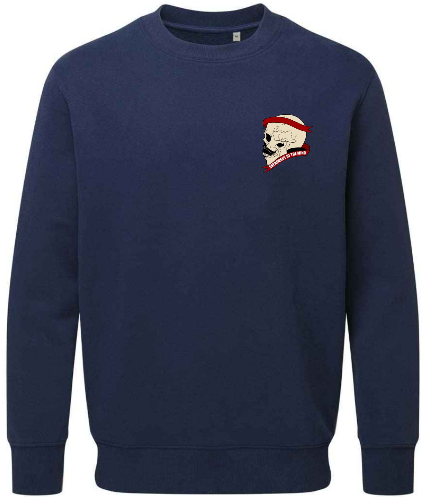 Supremacy of the mind organic crew neck sweater side skull with moustache in Navy