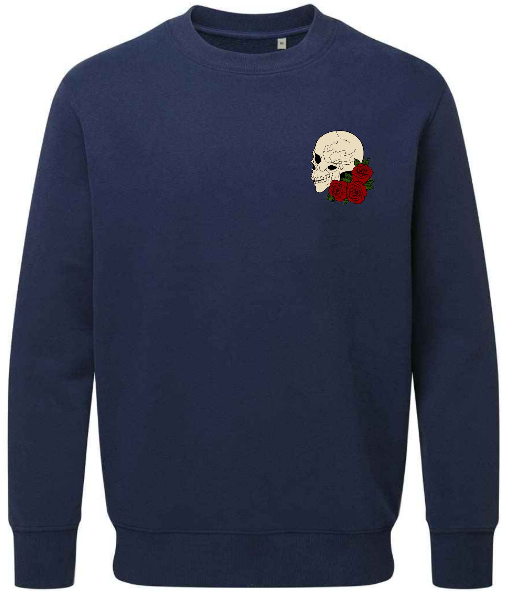 Supremacy of the mind organic crew neck sweater side skull with Roses in Navy