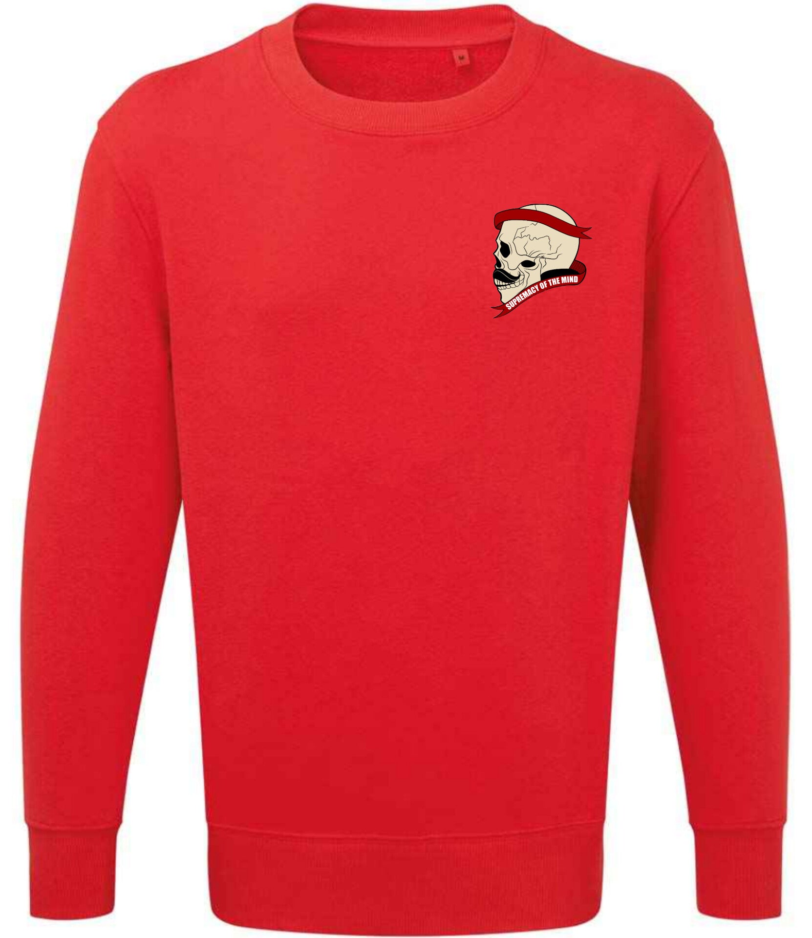 Supremacy of the mind organic crew neck sweater side skull with moustache in Red