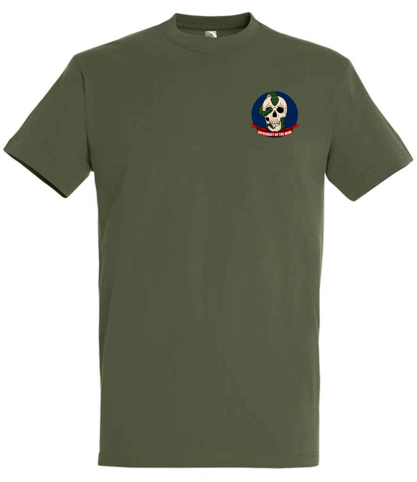 Supremacy of the mind Army Green T'shirt with the first edition skull logo, blue circle background and snake 