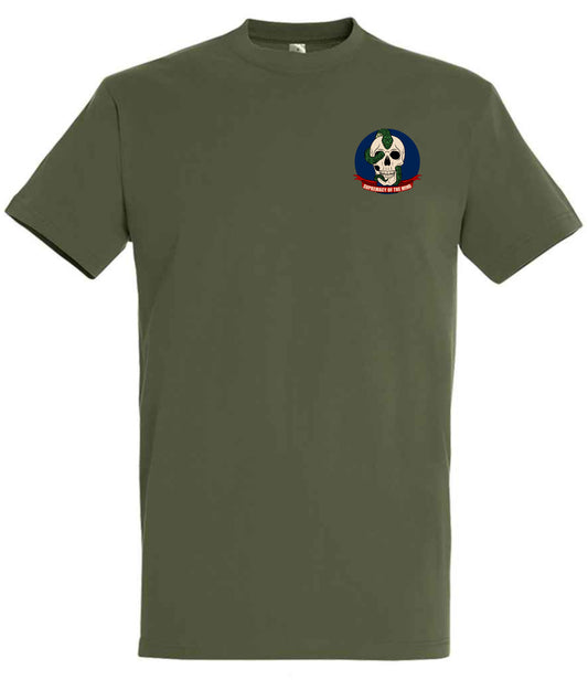 Supremacy of the mind Army Green T'shirt with the first edition skull logo, blue circle background and snake 