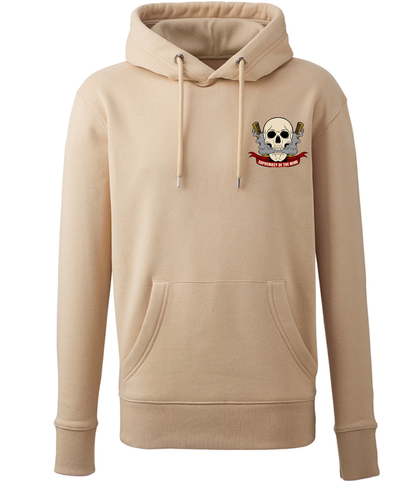 Supremacy of the mind organic hoodie with comb skull emblem in Sand