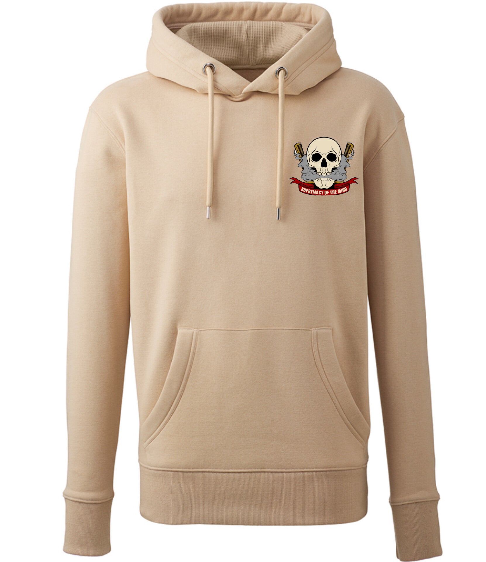 Supremacy of the mind organic hoodie with comb skull emblem in Sand