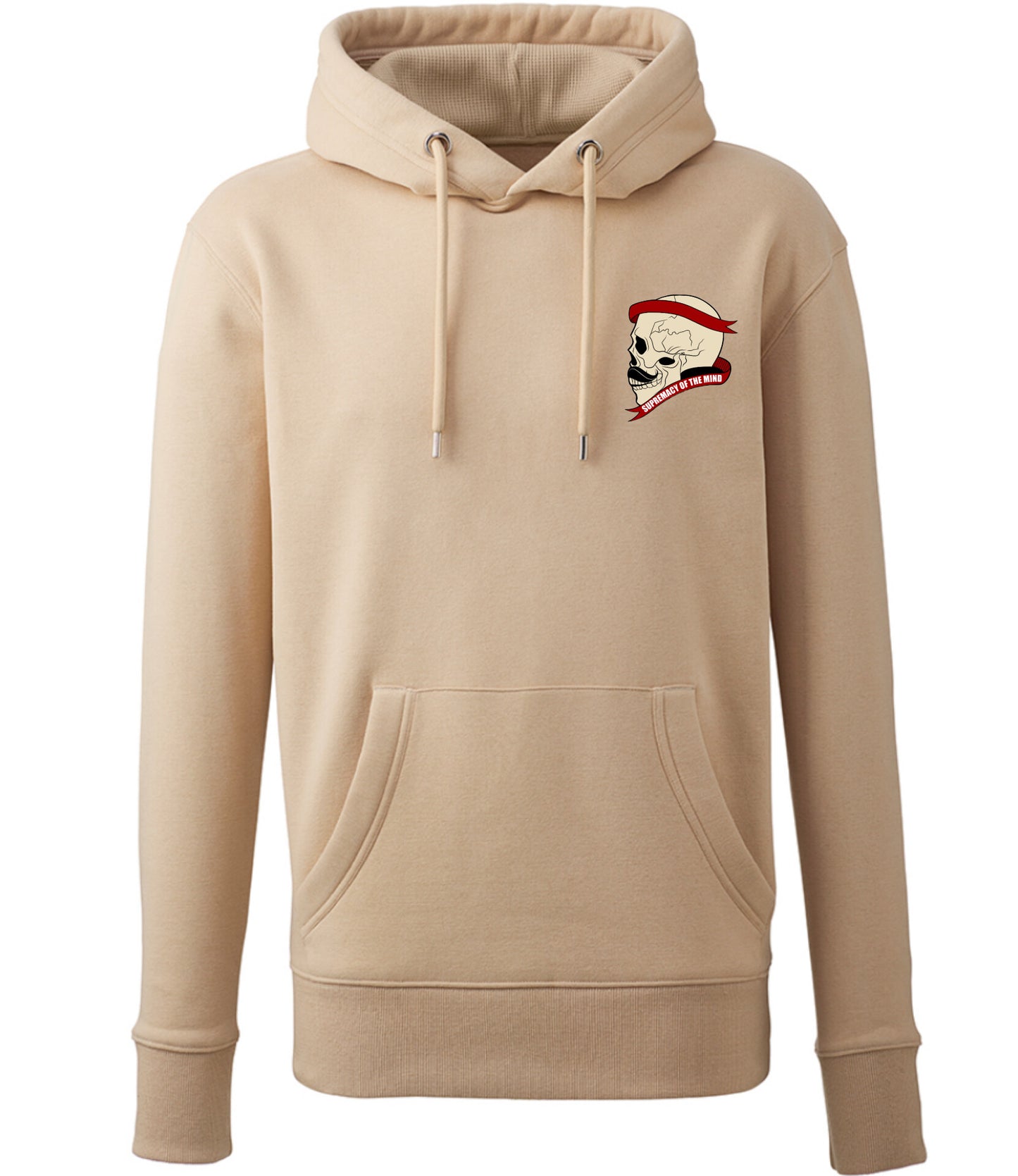 Supremacy of the mind organic hoodie with side skull with moustache emblem in sand