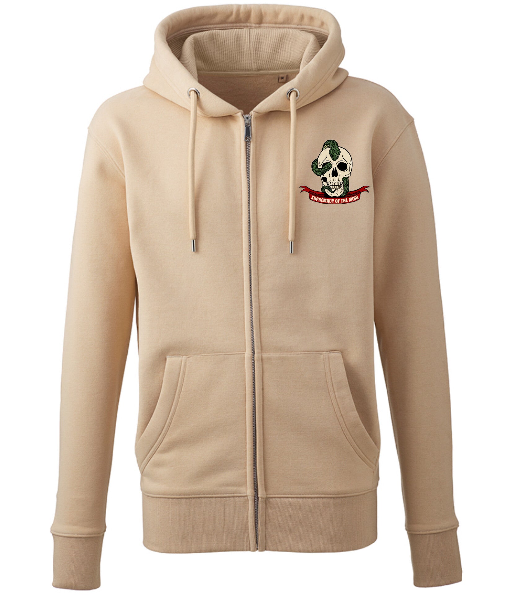 Supremacy of the mind full zip hoodie with skull snake motif in sand