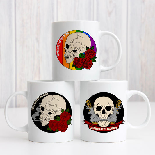 Ceramic white mug with skull motif supremacy of the mind