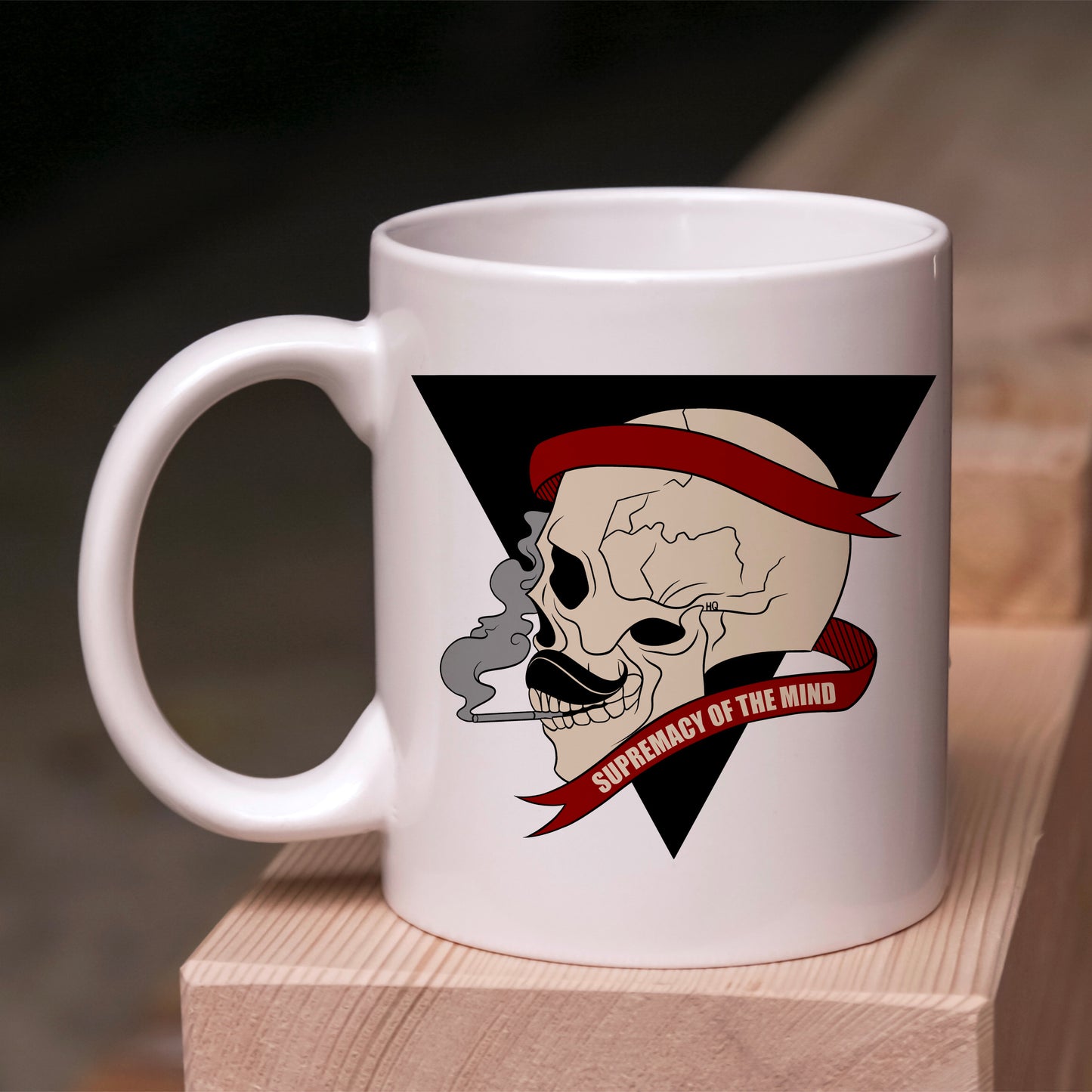 Ceramic white mug with supremacy of the mind triangle emblem